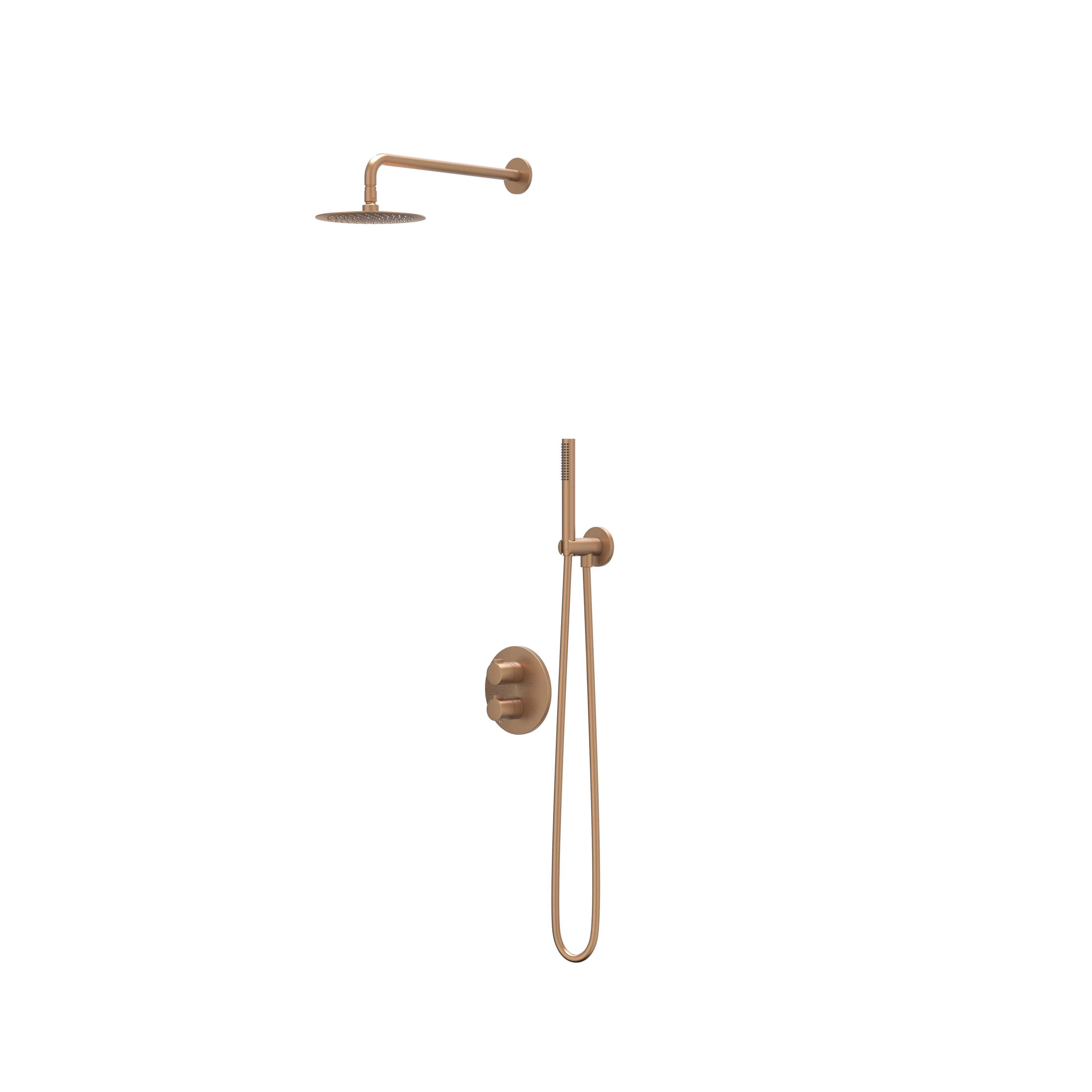 IVY Pact inbouw regendoucheset 2-weg - 15cm plafondbuis - 30cm medium hoofddouche rond - wandhouder - 3-standen handdouche - geborsteld mat koper pvd
