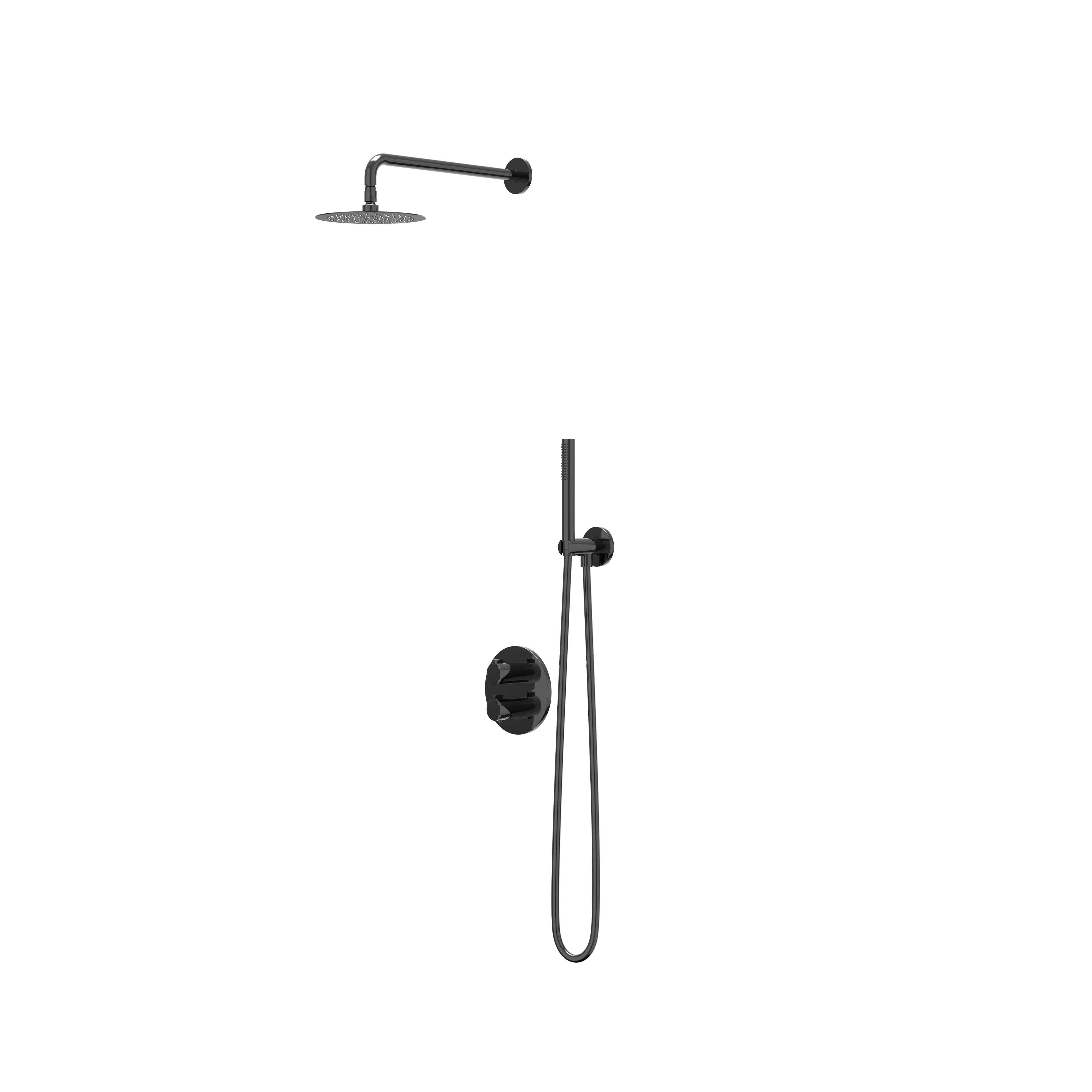 IVY Pact inbouw regendoucheset 2-weg - 40cm wandarm - 20cm slim hoofddouche rond - wandhouder - satin spray handdouche - zwart chroom pvd