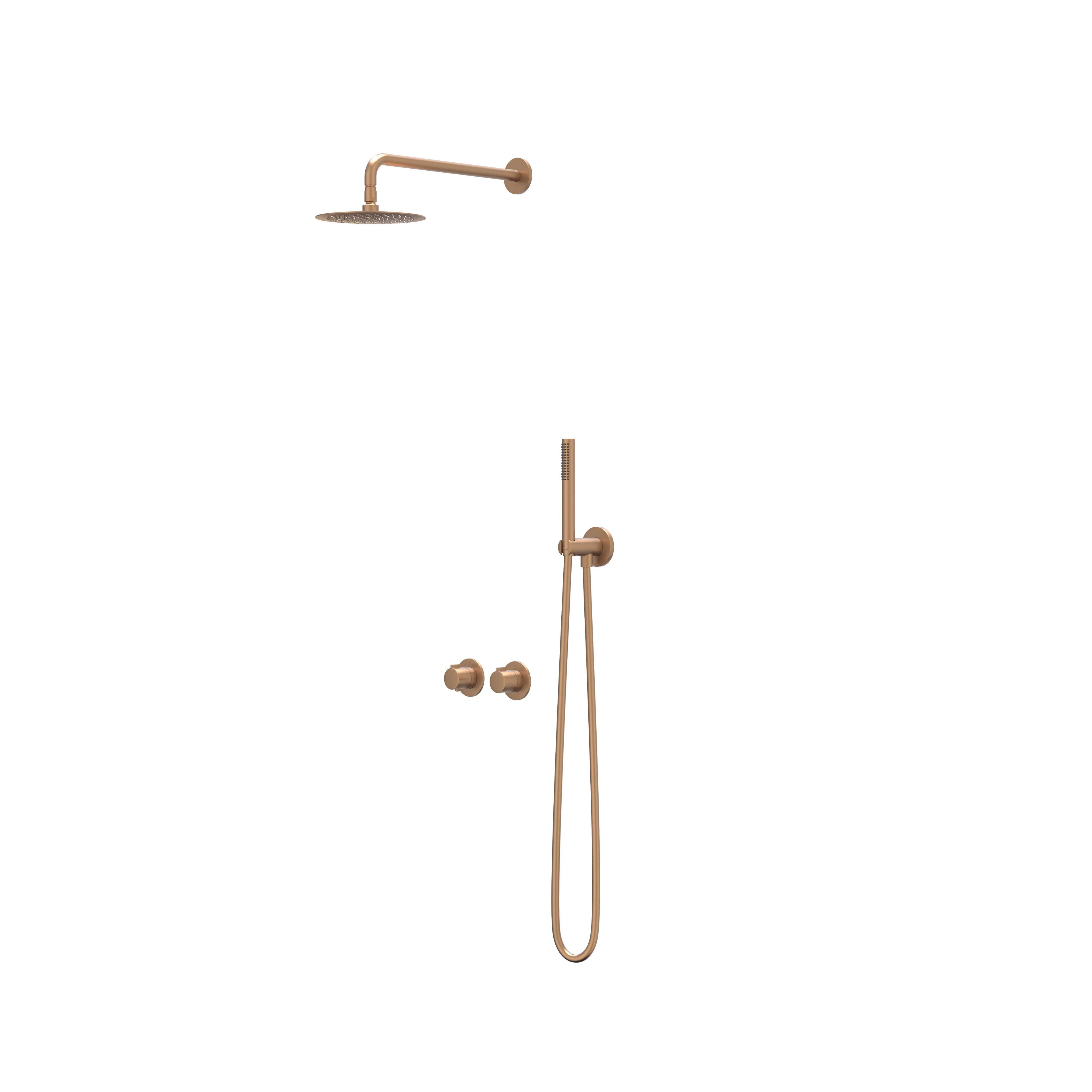 IVY Pact inbouw regendoucheset symmetry 2-weg - 40cm wandarm - 25cm slim hoofddouche - wandhouder - satin spray handdouche - geborsteld mat koper pvd