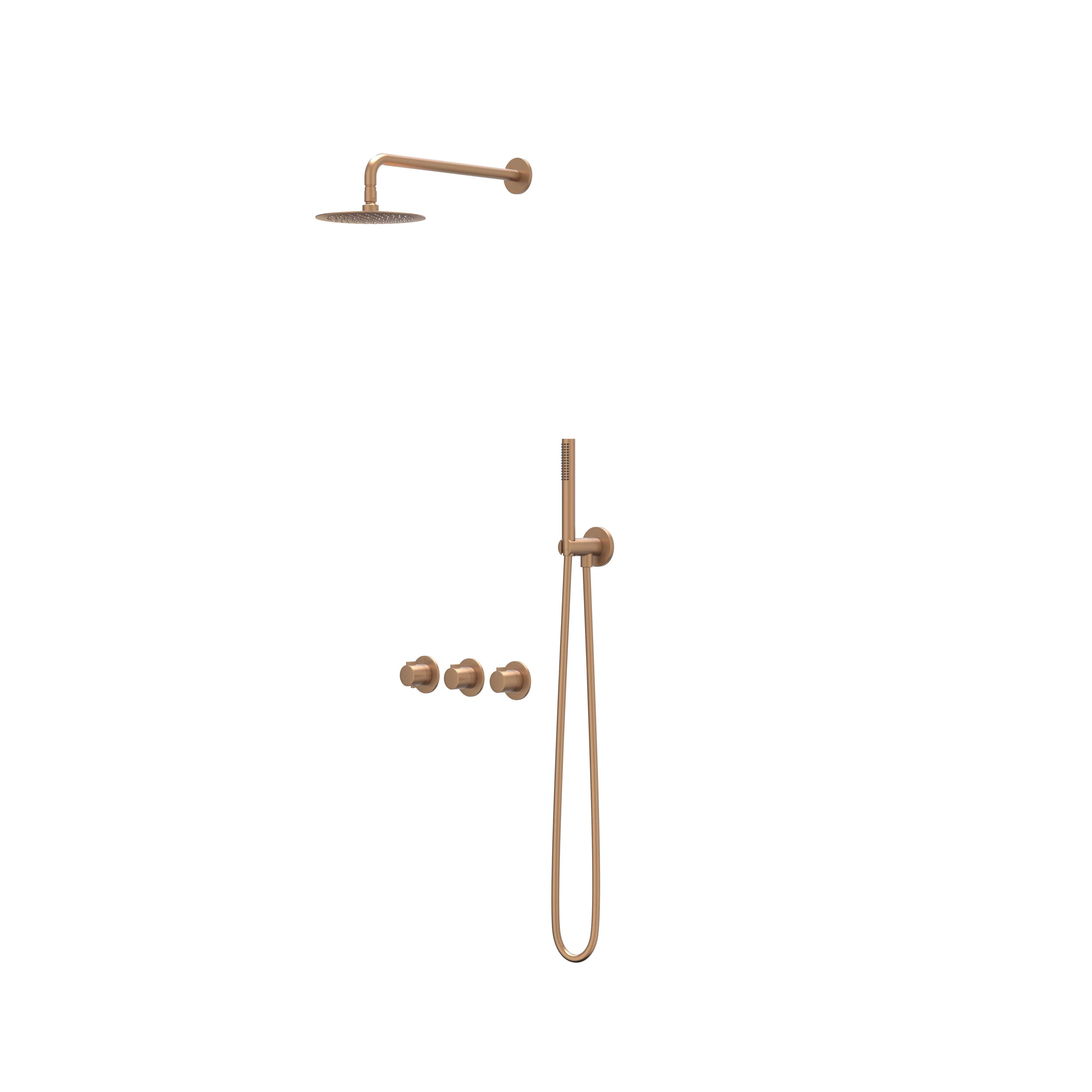 IVY Pact inbouw regendoucheset symmetry 2 stopkranen - 40cm wandarm - 20cm slim hoofddouche - glijstang - 3-standen handdouche - geborsteld mat koper pvd