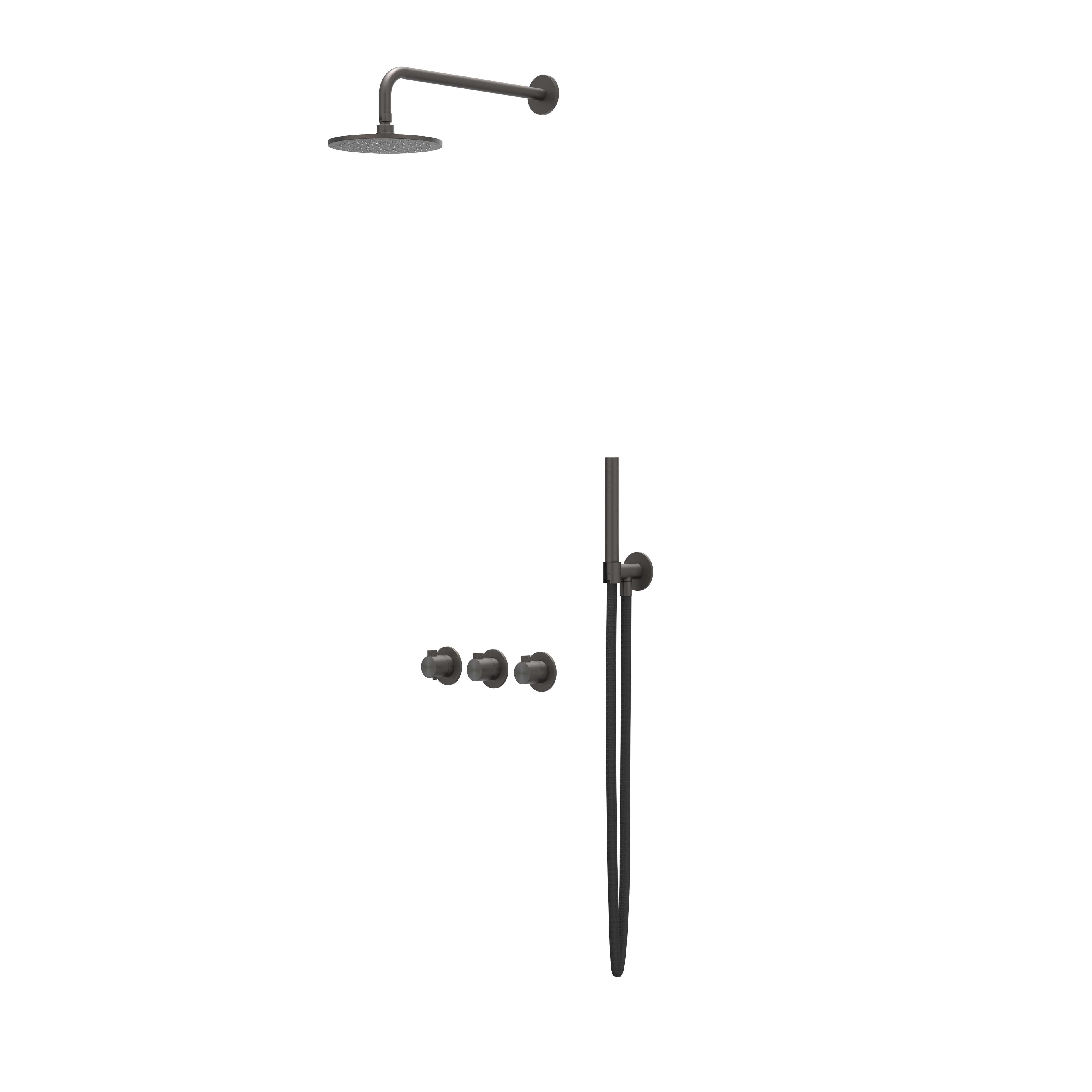 IVY Tribe inbouw regendoucheset symmetry 2 stopkranen - 20cm plafondbuis - 25cm medium hoofddouche - wandhouder - staafhanddouche - rvs316 geborsteld carbon black pvd