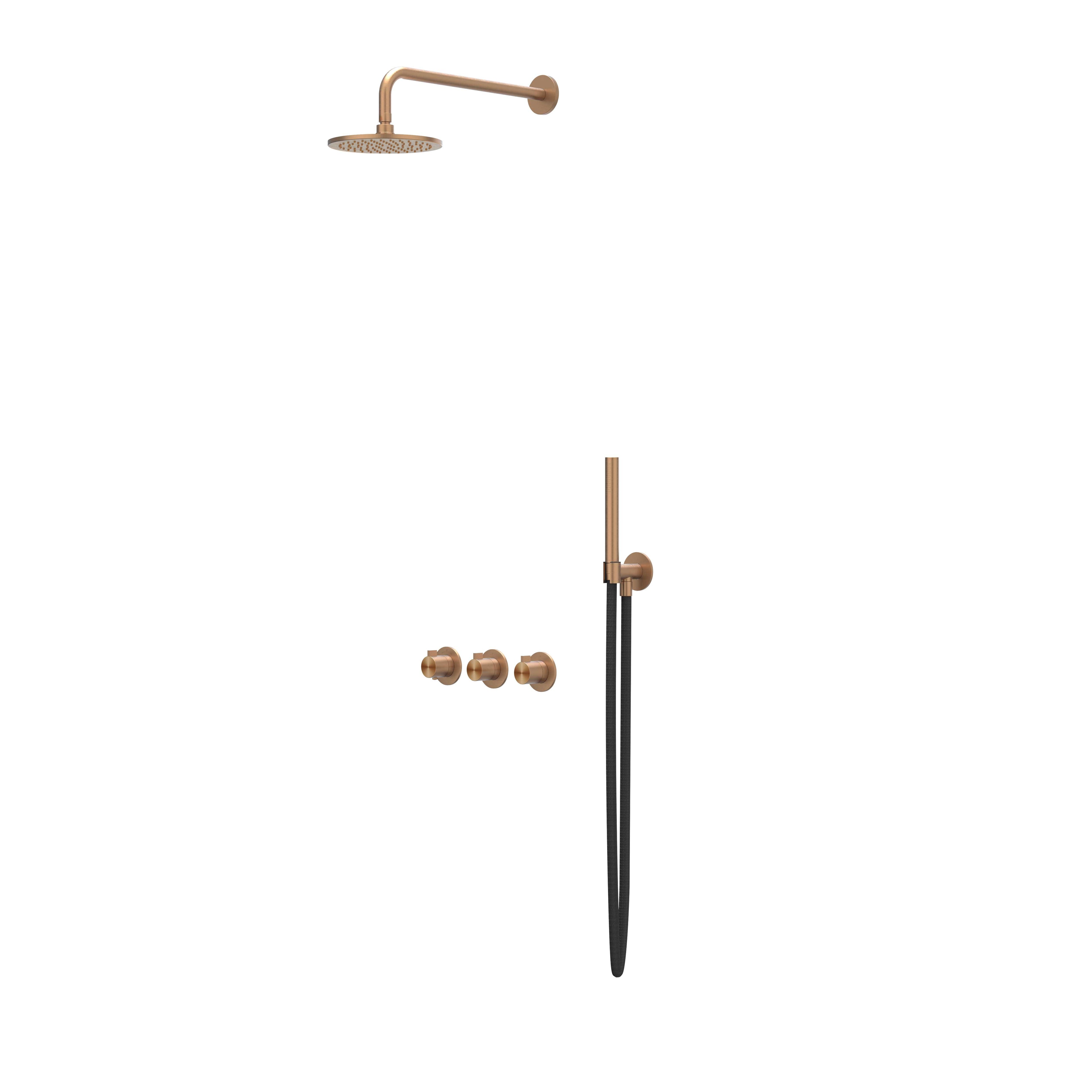 IVY Tribe inbouw regendoucheset symmetry 2 stopkranen - 30cm plafondbuis - 30cm medium hoofddouche - wandhouder - staafhanddouche - rvs316 geborsteld mat koper pvd