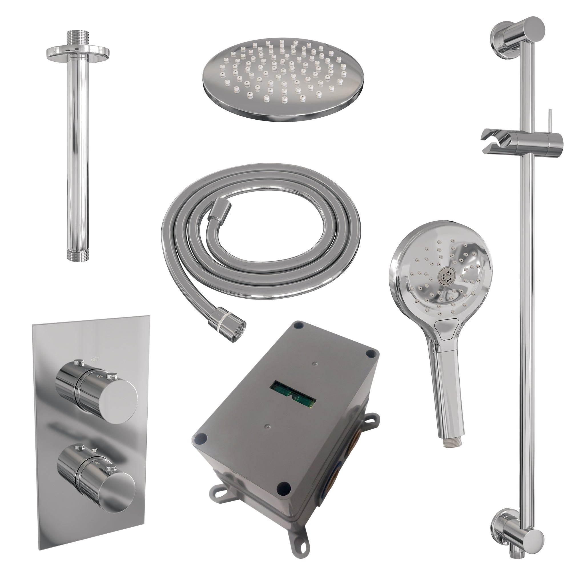 Brauer Edition inbouwset met 3-weg thermostaat - hoofddouche 20cm - plafondbuis 20cm - ronde 3-standen handdouche - glijstang met aansluitbocht - chroom