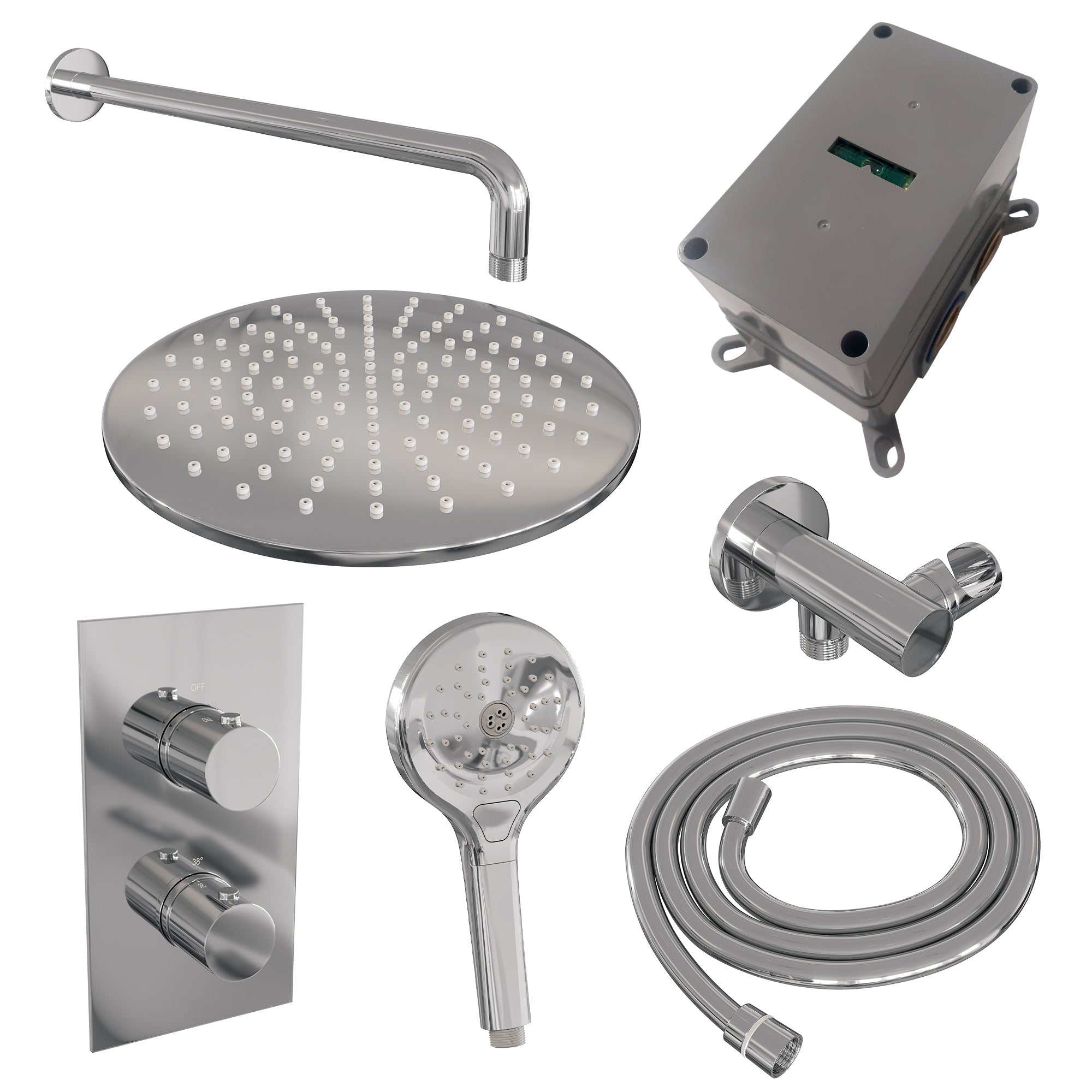 Brauer Edition inbouwset met 3-weg thermostaat - hoofddouche 30cm - gebogen wandarm 40cm - ronde 3-standen handdouche - wandaansluiting - chroom