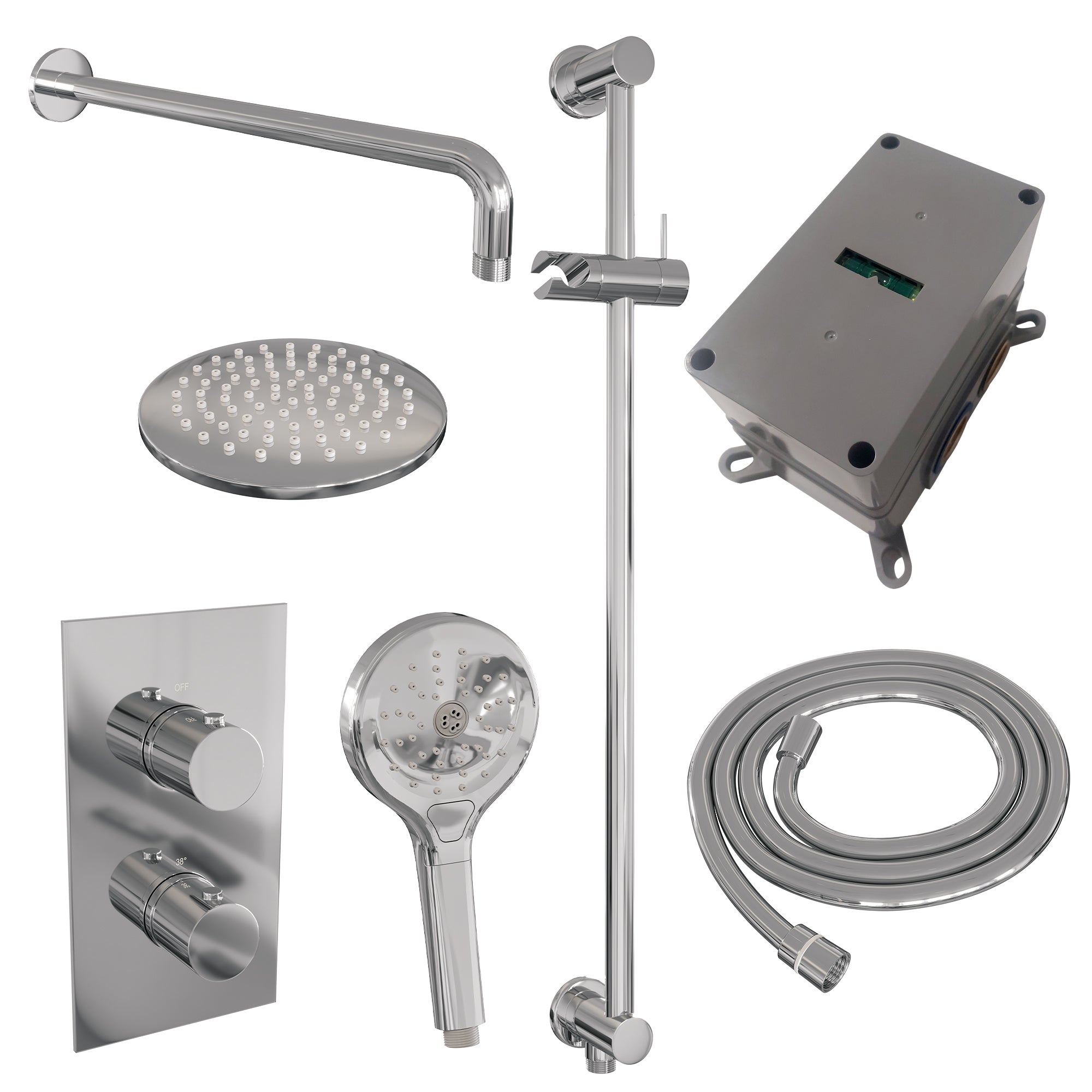 Brauer Edition inbouwset met 3-weg thermostaat - hoofddouche 20cm - gebogen wandarm 40cm - ronde 3-standen handdouche - glijstang met aansluitbocht - chroom