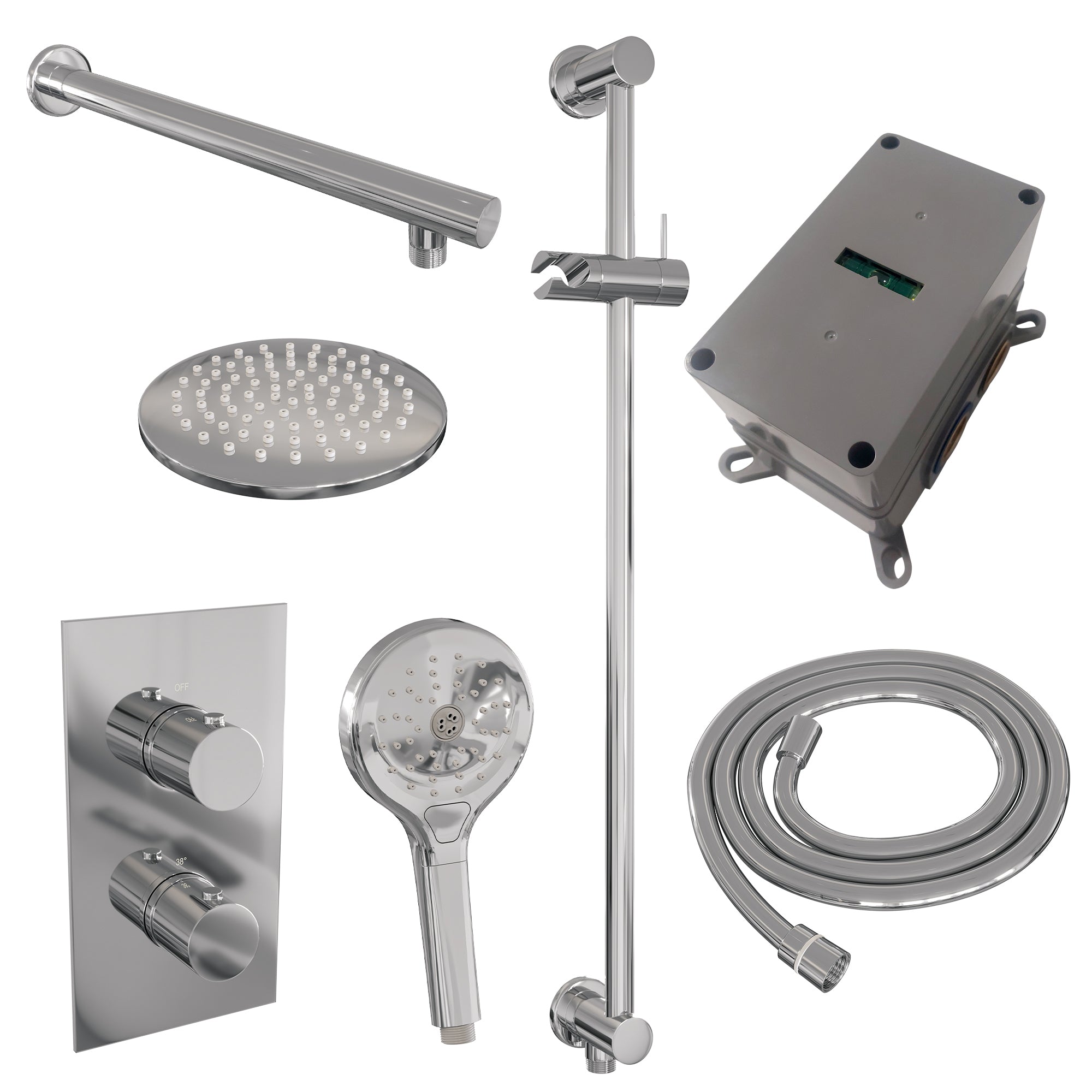 Brauer Edition inbouwset met 3-weg thermostaat - hoofddouche 20cm - rechte wandarm 40cm - ronde 3-standen handdouche - glijstang met aansluitbocht - chroom