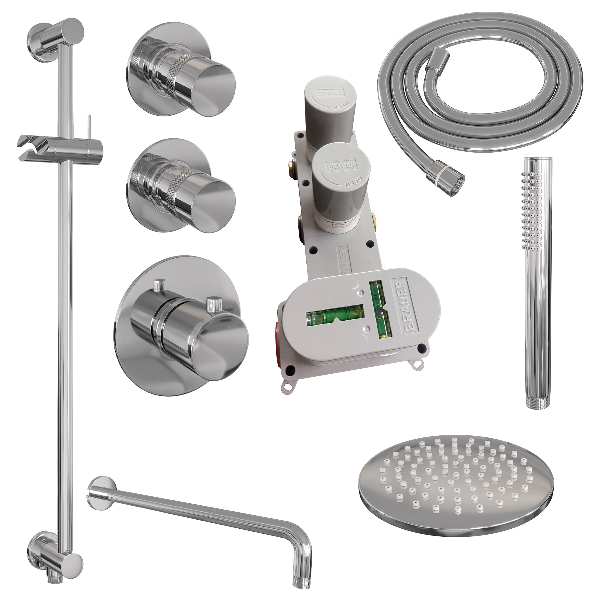 Brauer Edition thermostatische inbouw doucheset - hoofddouche 20cm - wandarm gebogen - staafhanddouche - Glijstang - geborsteld RVS PVD