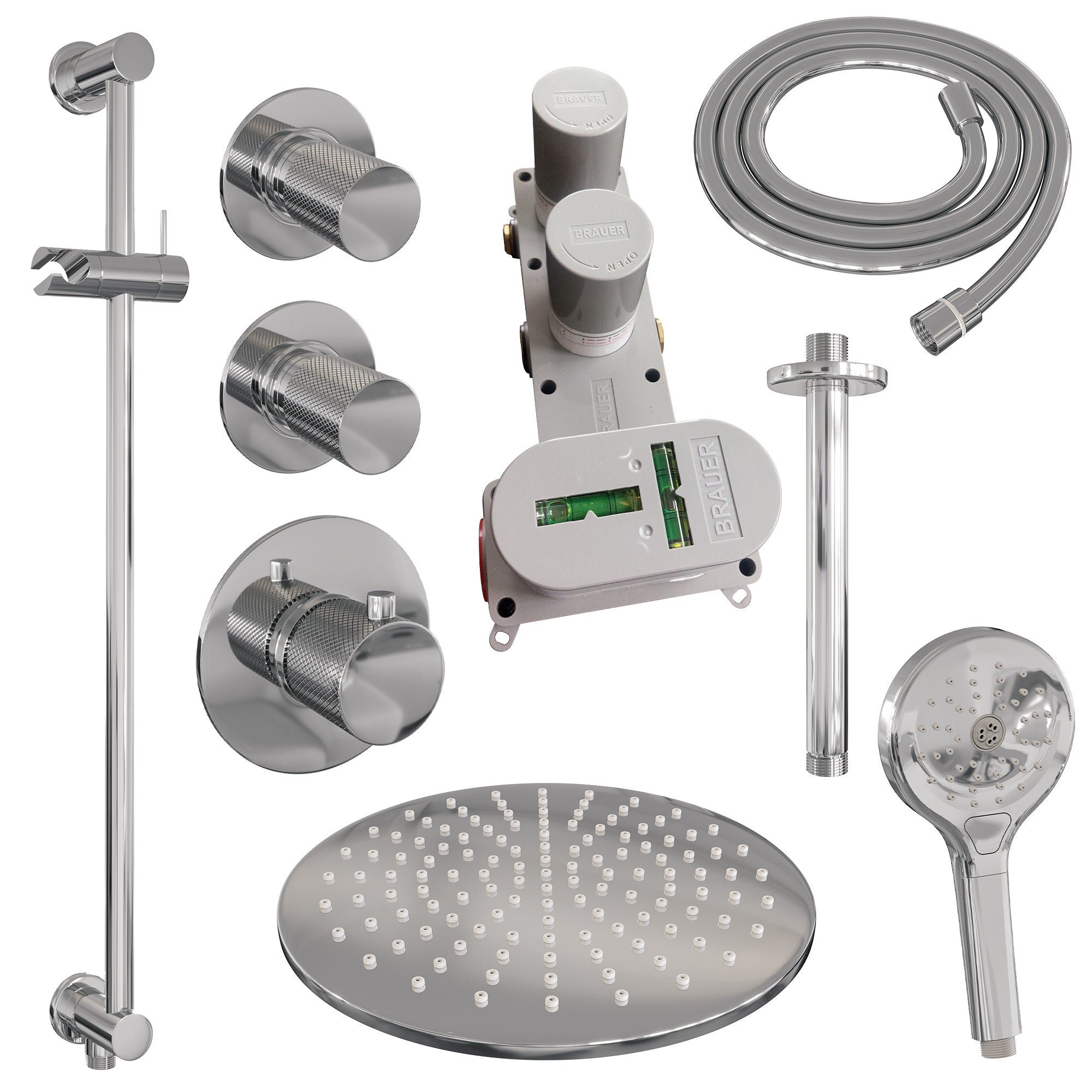 Brauer Carving thermostatische inbouw doucheset - hoofddouche 30cm - plafondbuis - 3 standen handdouche rond - Glijstang - chroom