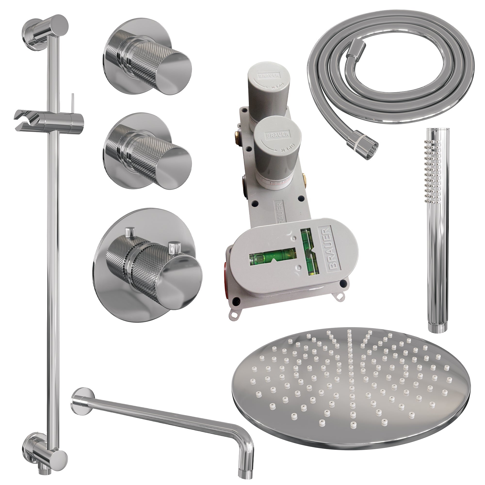 Brauer Carving thermostatische inbouw doucheset - hoofddouche 30cm - gebogen wandarm - staafhanddouche - Glijstang - chroom
