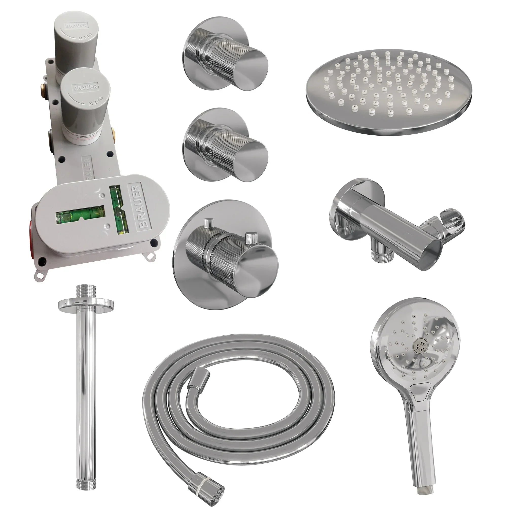 Brauer Carving thermostatische inbouw doucheset - hoofddouche 20cm - plafondbuis - 3 standen handdouche rond - chroom