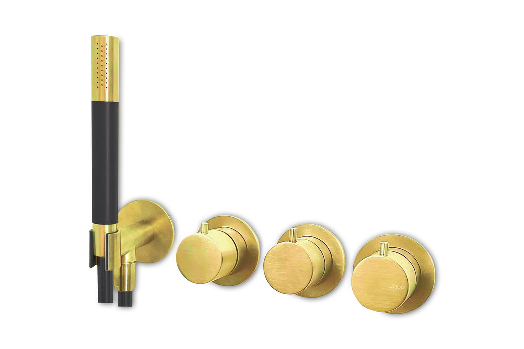 Lagoo - Garda - Inbouw douche/bad thermostaat 'Tripple7' met 2-weg omstel (afbouwdeel) + handdouche - Geborsteld Messing PVD - G2273BB