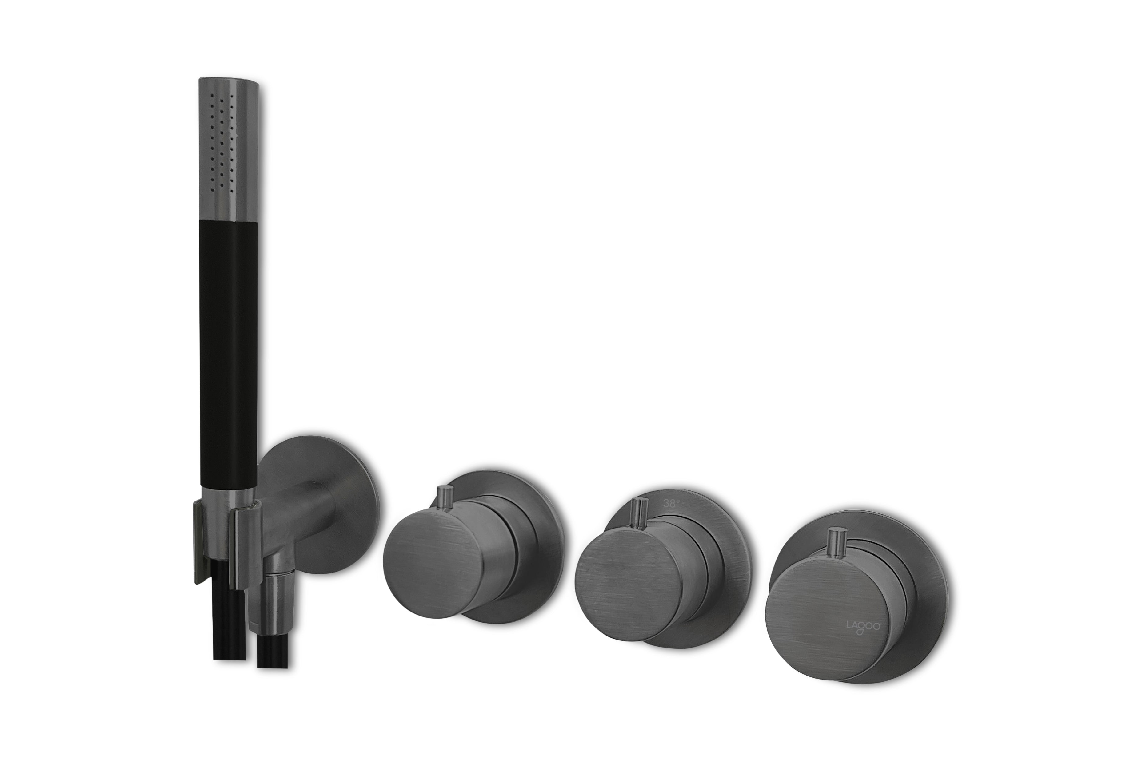 Lagoo - Garda - Inbouw douche/bad thermostaat 'Tripple7' met 2-weg omstel (afbouwdeel) + handdouche - Geborsteld Gun Metal PVD - G2273GM