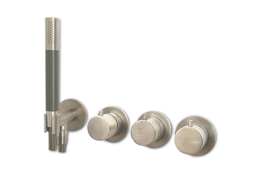 Lagoo - Garda - Inbouw douche/bad thermostaat Tripple7 met 3-weg omstel (afbouwdeel) + handdouche - Geborsteld Nikkel - G2277BN