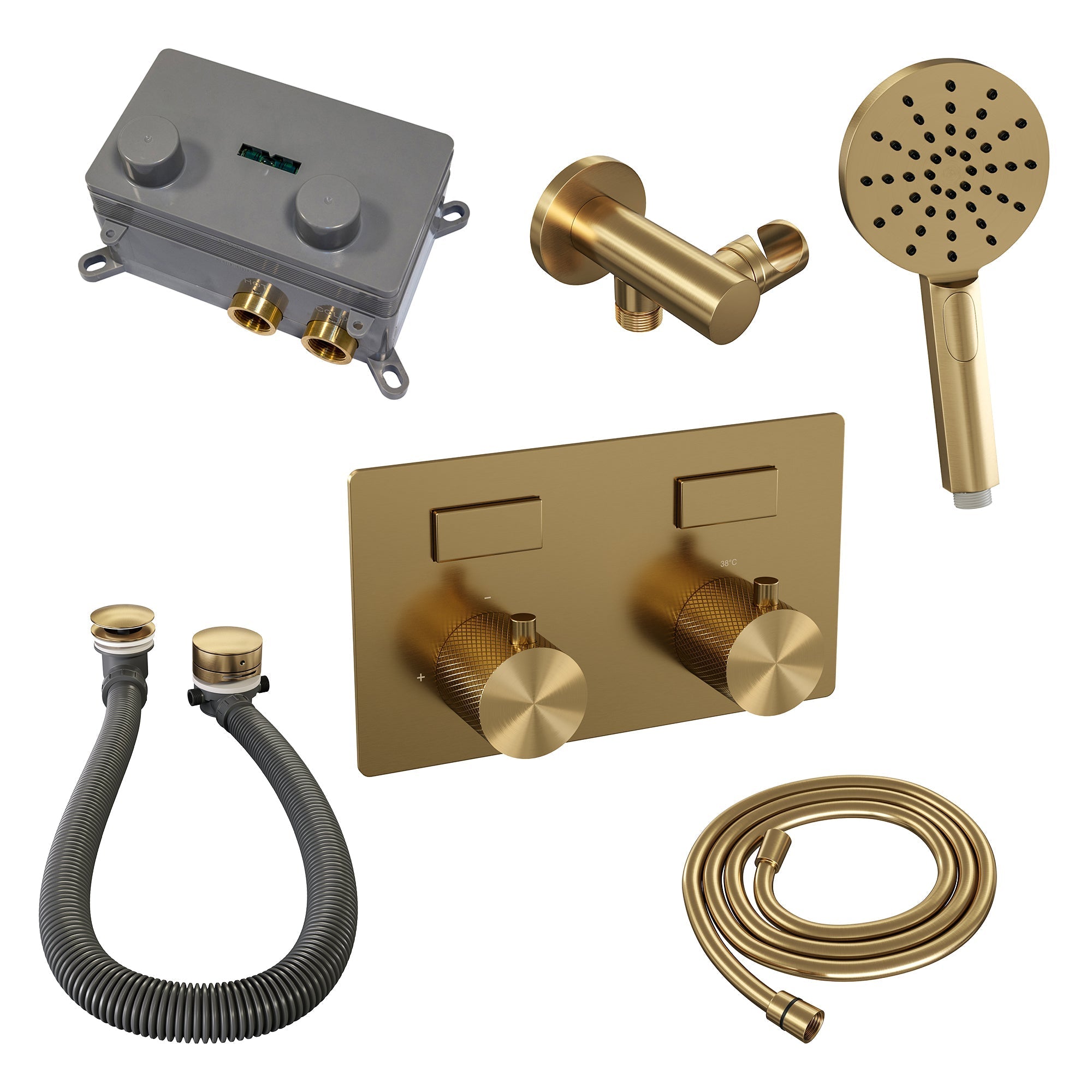 Brauer Carving inbouw badthermostaat - drukknoppen - badafvoer/vulcombinatie - 3-standen handdouche - Geborsteld Goud PVD