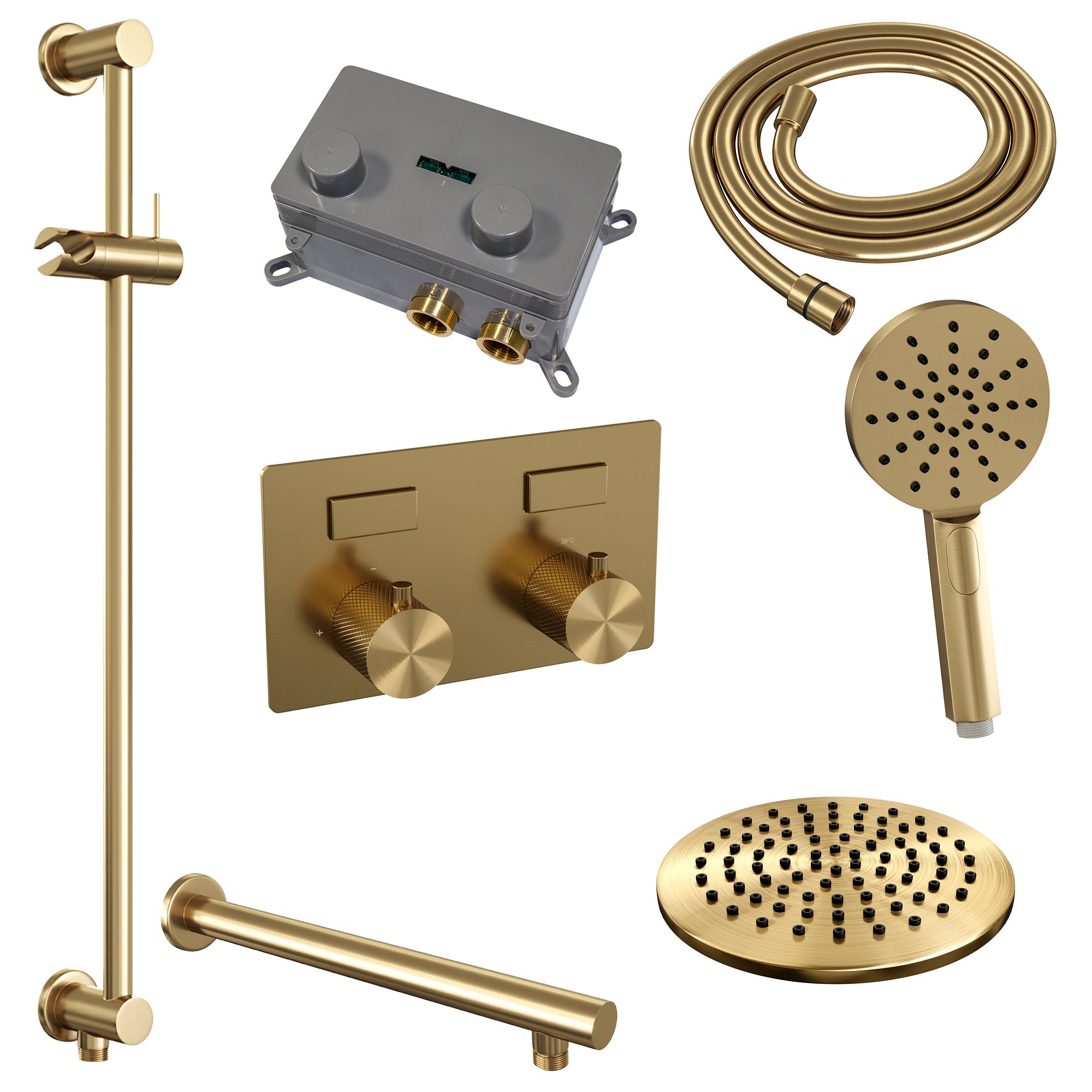 Brauer Carving inbouw doucheset - ronde handdouche - 20cm hoofdouche - rechte wandarm - glijstang - Geborsteld Goud PVD