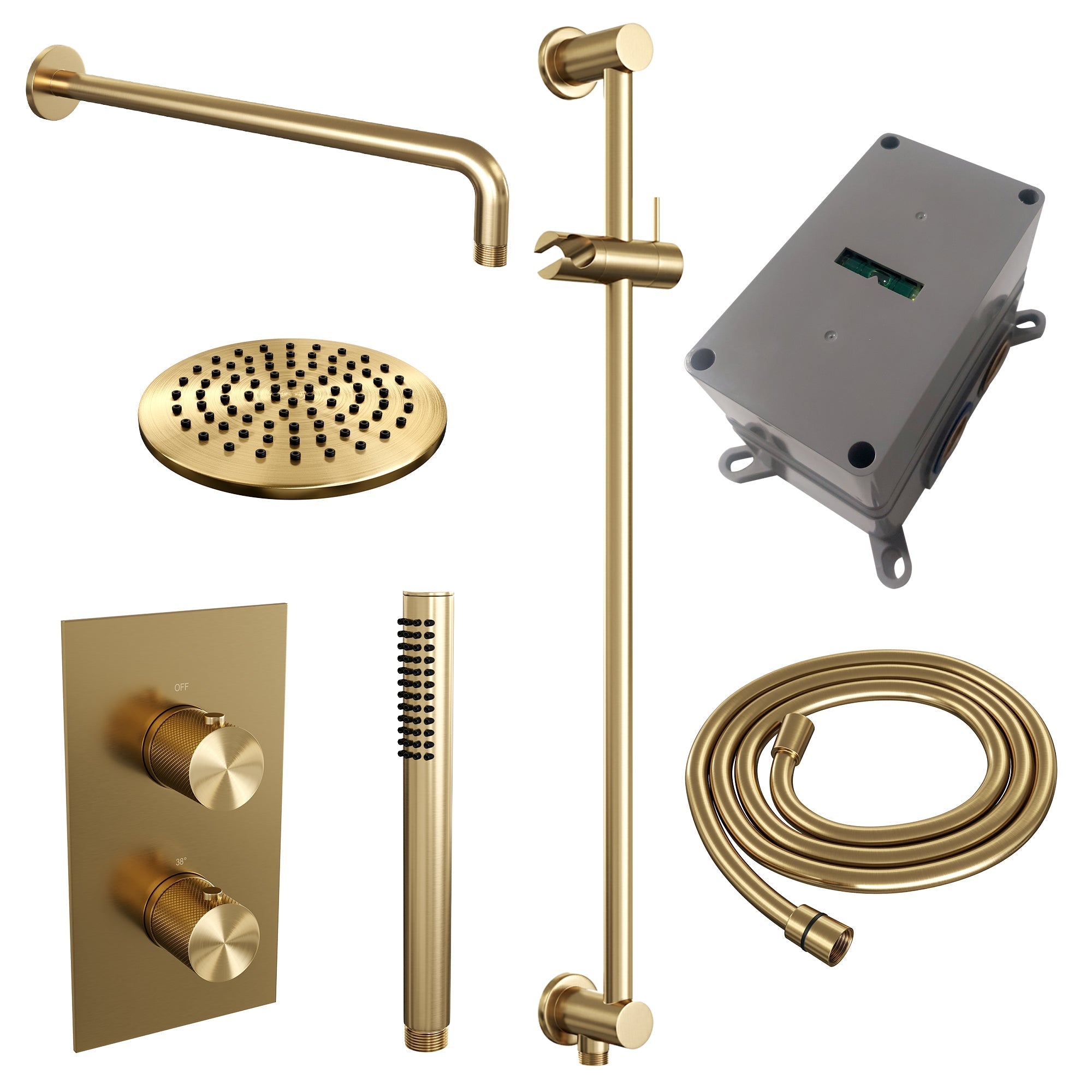 Brauer Carving inbouwset met 3-weg thermostaat - hoofddouche 20cm - gebogen wandarm 40cm - staafhanddouche - glijstang met aansluitbocht - Geborsteld Goud PVD
