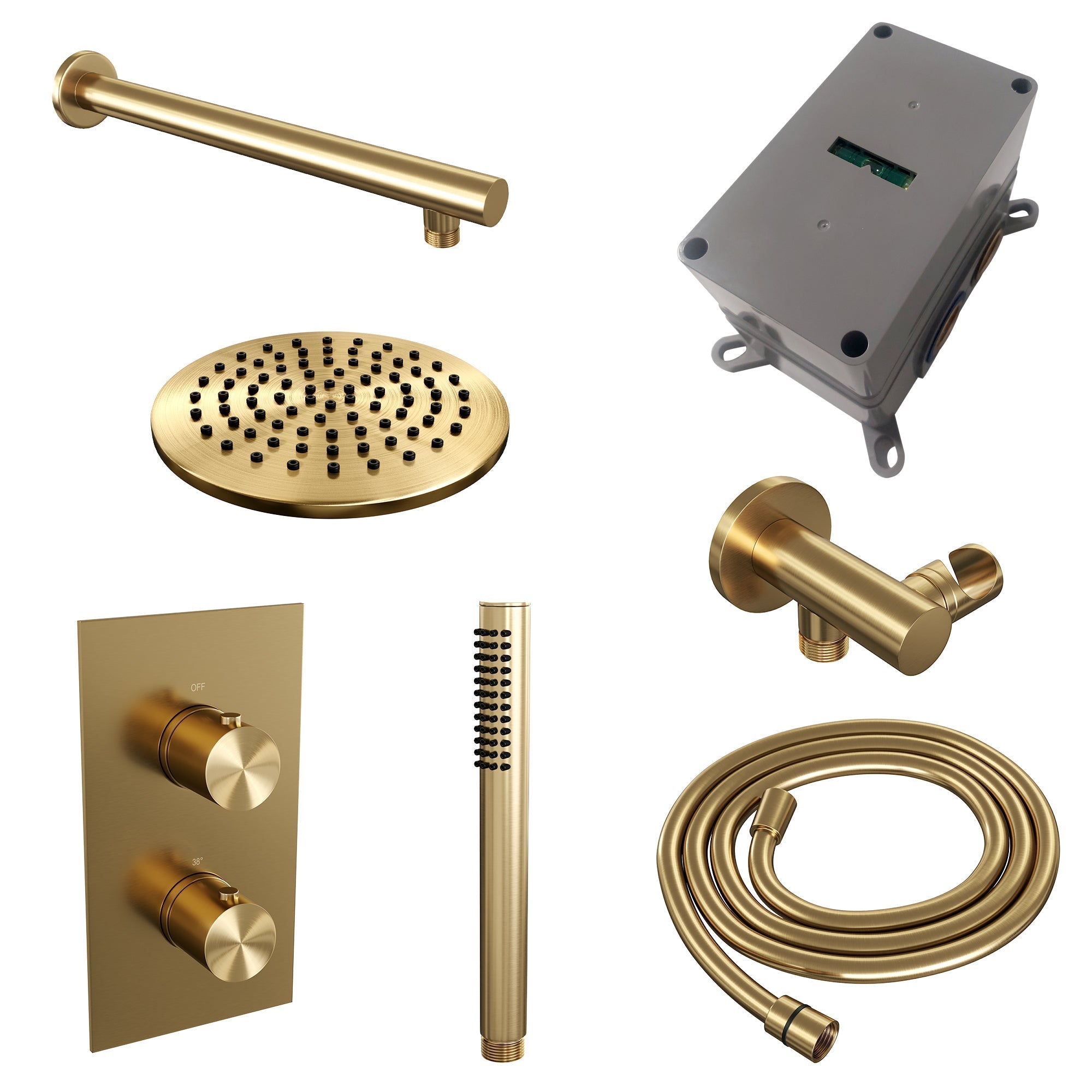Brauer Edition inbouwset met 3-weg thermostaat - hoofddouche 20cm - rechte wandarm 40cm - staafhanddouche - wandaansluiting - Geborsteld Goud PVD