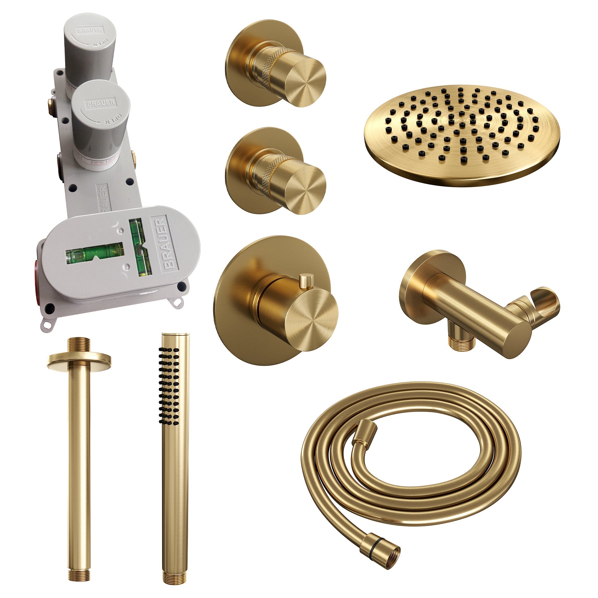 Brauer Edition thermostatische inbouw doucheset - Geborsteld Goud PVD - hoofddouche 20cm - plafondsteun - staafhanddouche