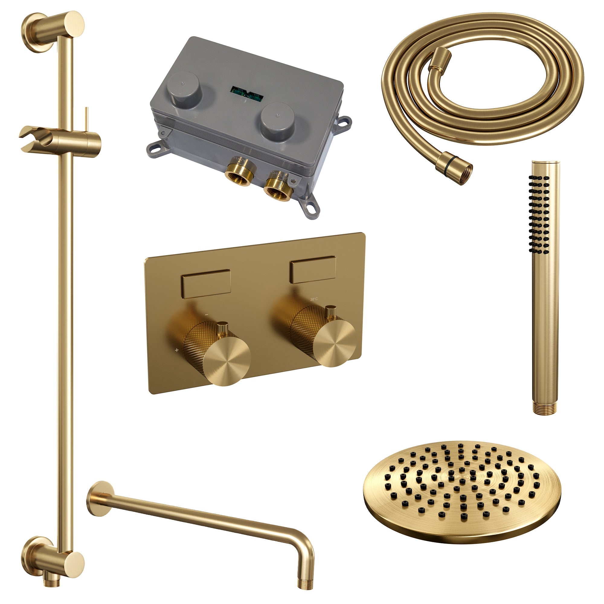 Brauer Carving inbouw doucheset - staafhanddouche - 20cm hoofdouche - gebogen wandarm - glijstang - Geborsteld Goud PVD
