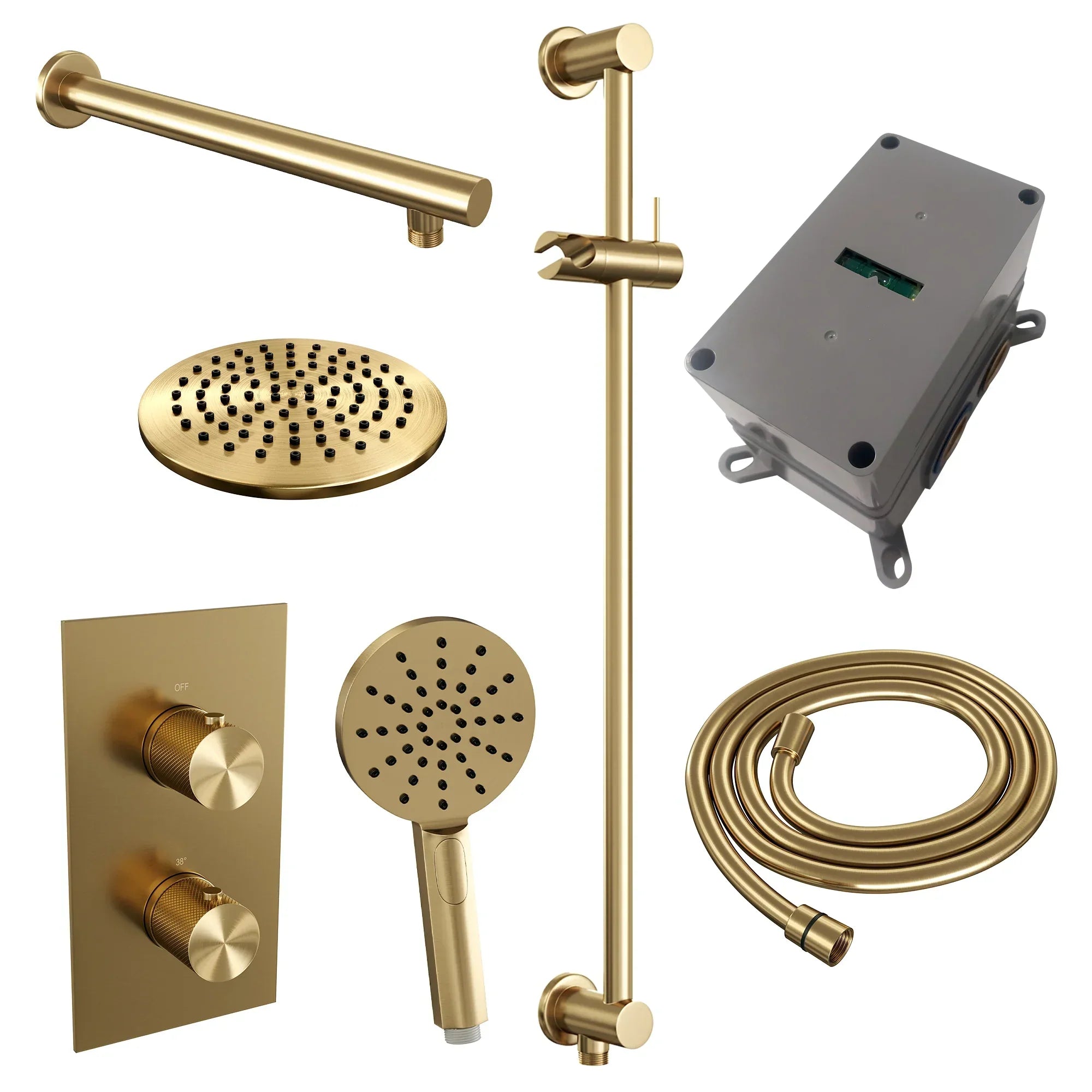 Brauer Carving inbouwset met 3-weg thermostaat - hoofddouche 20cm - rechte wandarm 40cm - ronde 3-standen handdouche - wandaansluiting - Geborsteld Goud PVD