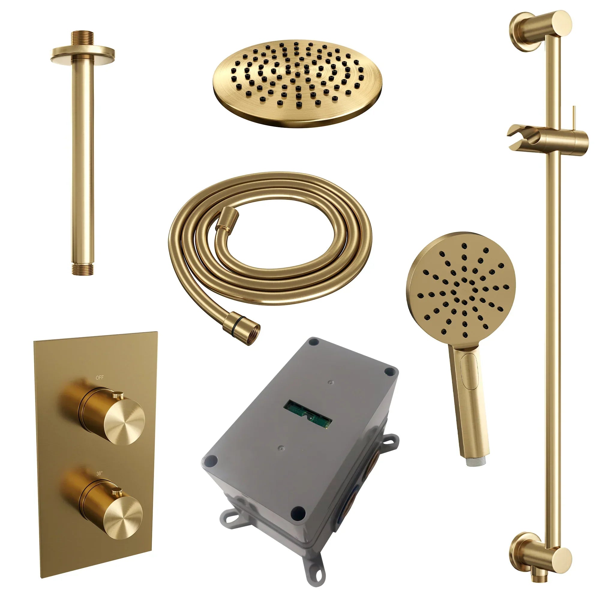 Brauer Edition inbouwset met 3-weg thermostaat - hoofddouche 20cm - plafondbuis 20cm - ronde 3-standen handdouche - glijstang met aansluitbocht - Geborsteld Goud PVD