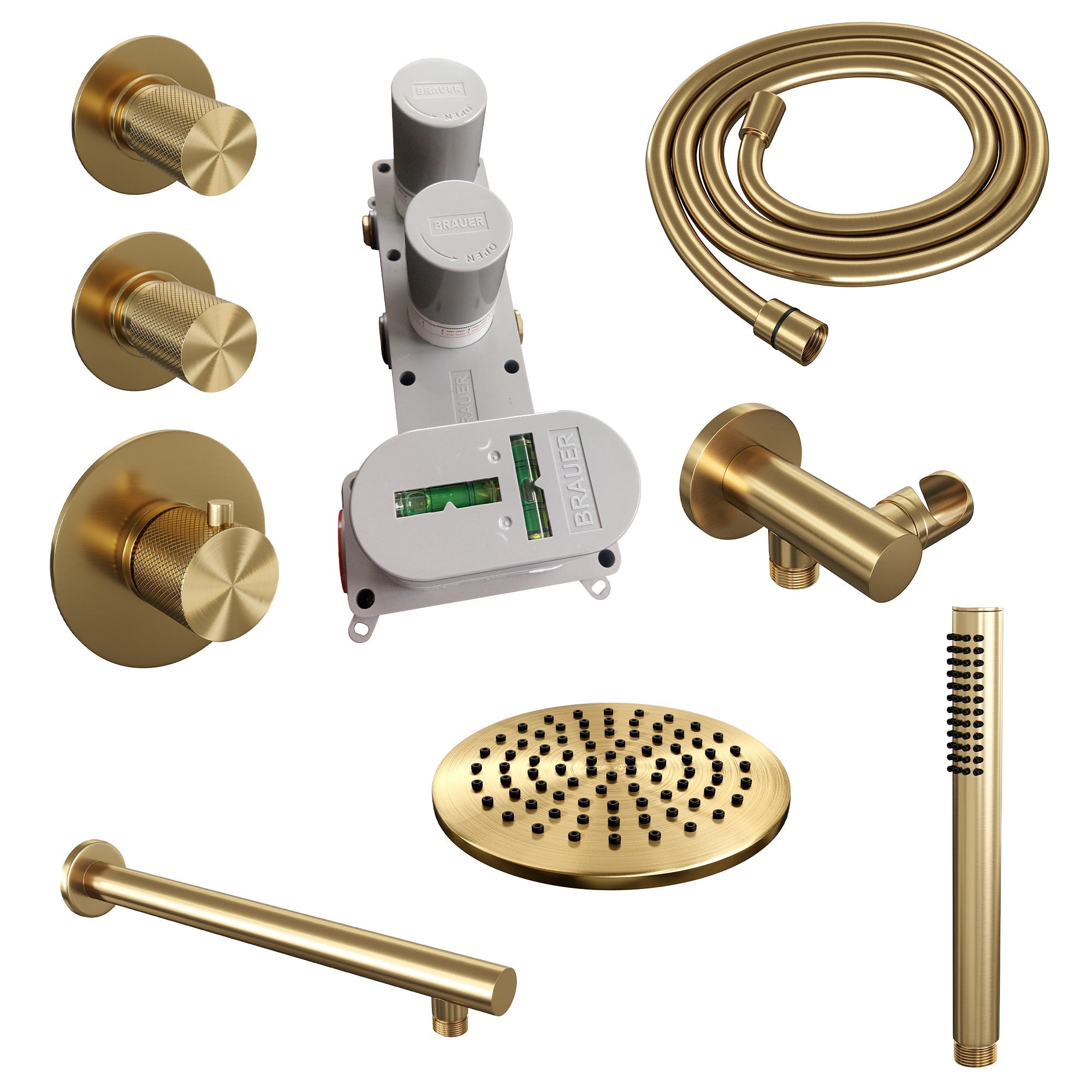 Brauer Carving thermostatische inbouw doucheset - hoofddouche 20cm - rechte wandarm - staafhanddouche - Geborsteld Goud PVD