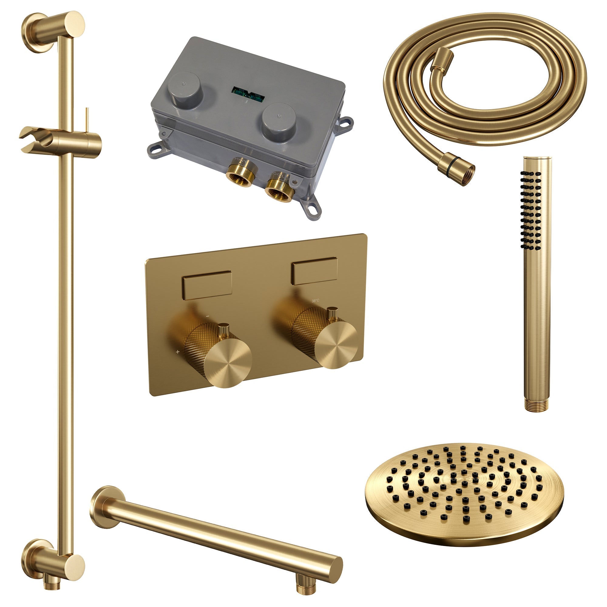 Brauer Carving inbouw doucheset - staafhanddouche - 20cm hoofdouche - rechte wandarm - glijstang - Geborsteld Goud PVD