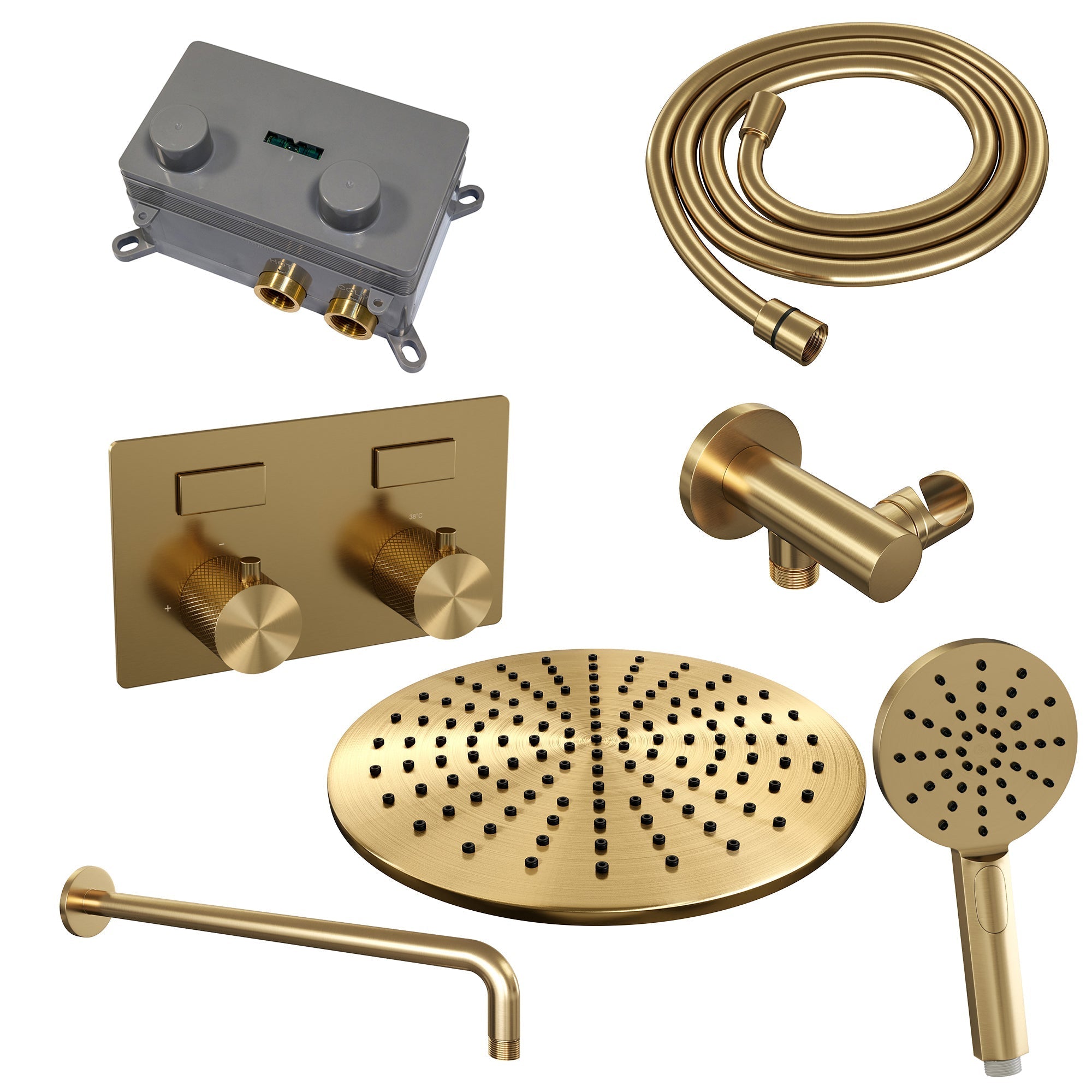 Brauer Carving inbouw doucheset - ronde handdouche - 30cm hoofdouche - gebogen wandarm - wandsteun - Geborsteld Goud PVD