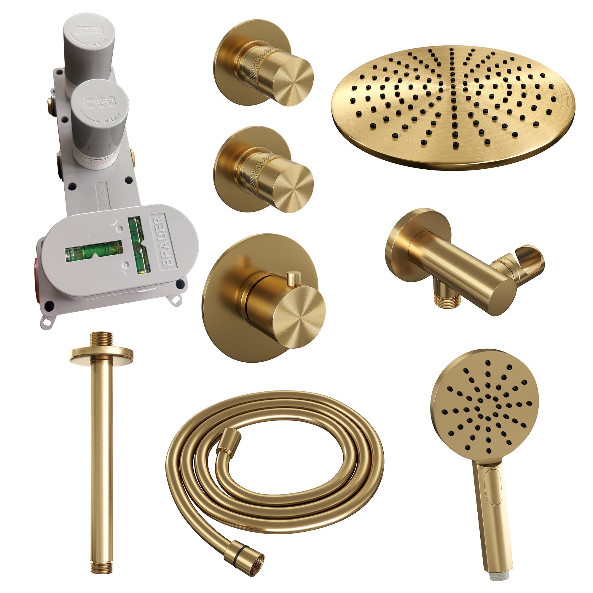 Brauer Edition thermostatische inbouw doucheset - Geborsteld Goud PVD - hoofddouche 30cm - plafondsteun - staafhanddouche
