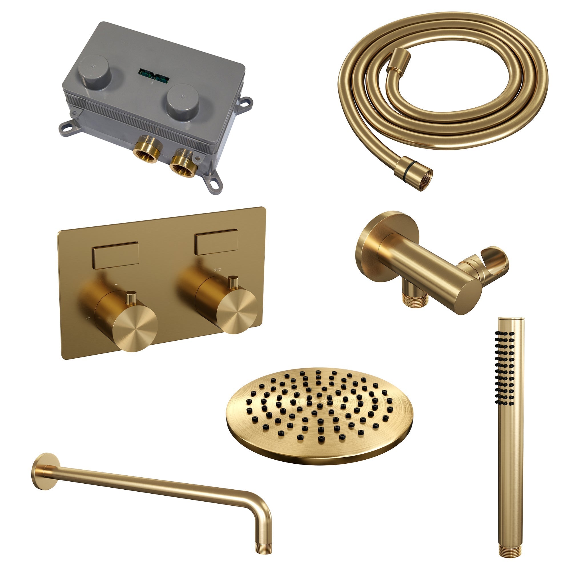 Brauer Edition inbouw doucheset - staafhanddouche - 20cm hoofdouche - gebogen wandarm - wandsteun - Geborsteld Goud PVD