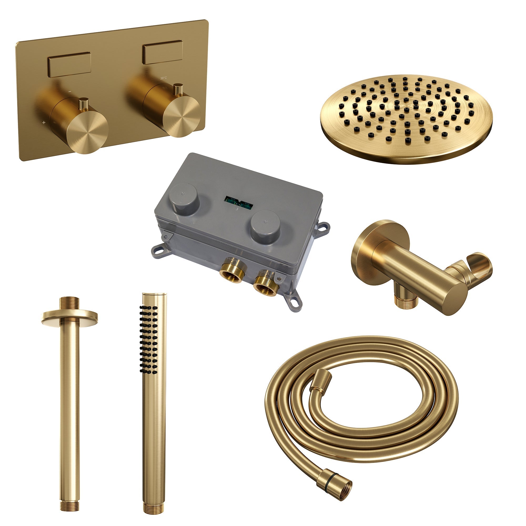 Brauer Edition inbouw doucheset - staafhanddouche - 20cm hoofdouche - plafondbuis - wandsteun - Geborsteld Goud PVD