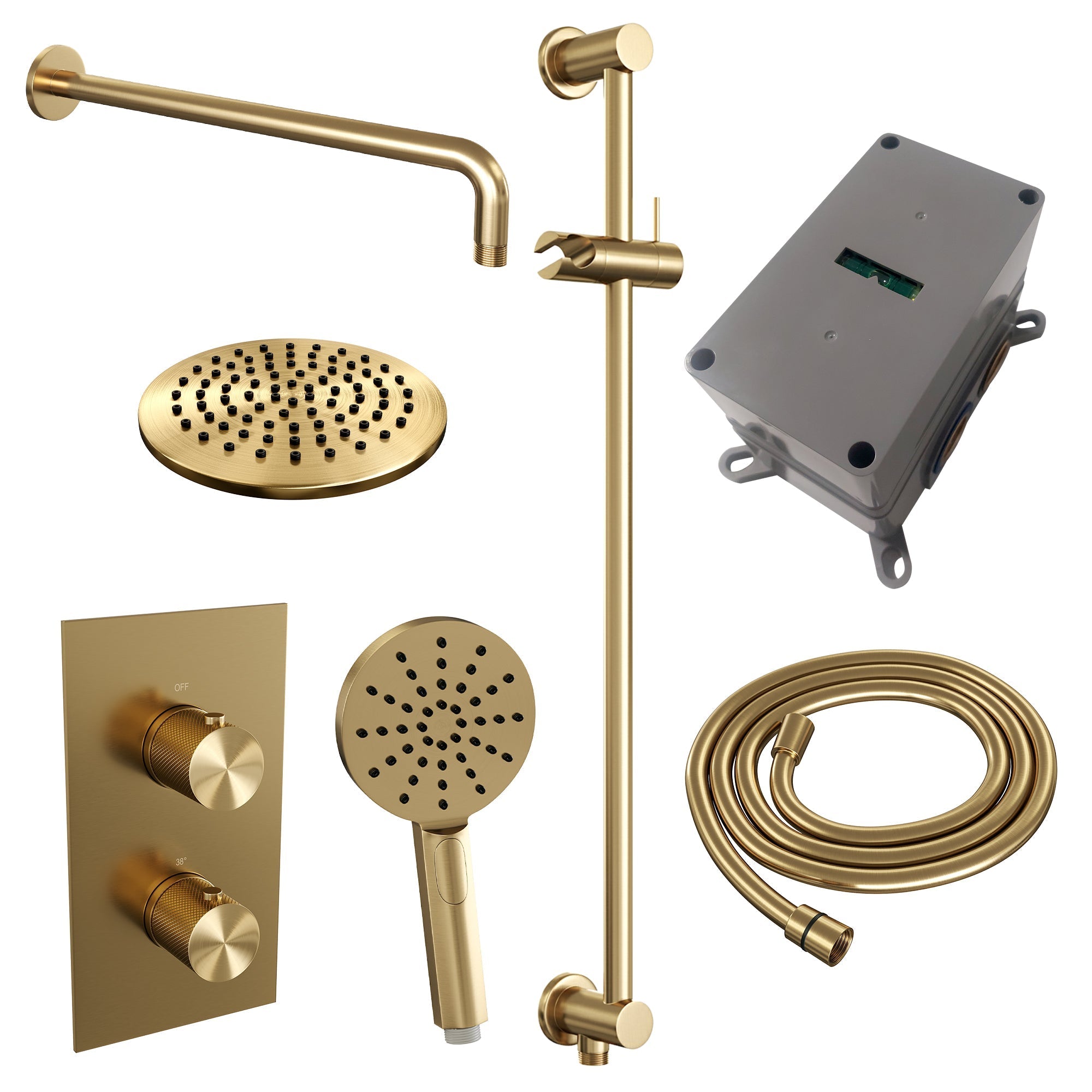 Brauer Carving inbouwset met 3-weg thermostaat - hoofddouche 20cm - gebogen wandarm 40cm - ronde 3-standen handdouche - glijstang met aansluitbocht - Geborsteld Goud PVD