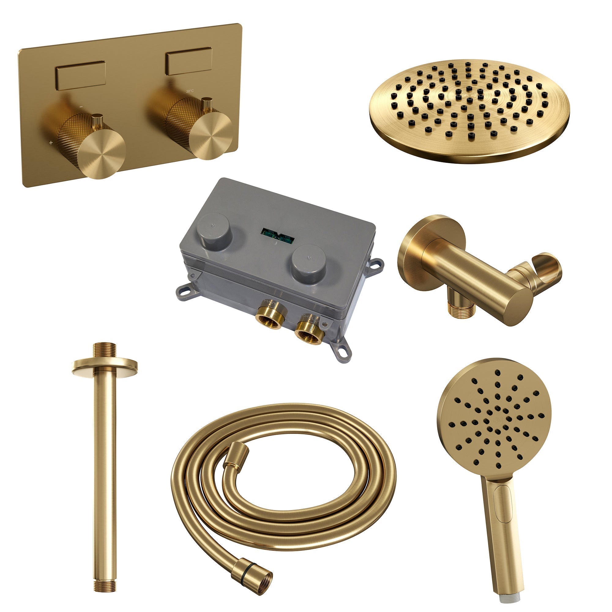 Brauer Carving inbouw doucheset - ronde handdouche - 20cm hoofdouche - plafondbuis - wandsteun - Geborsteld Goud PVD
