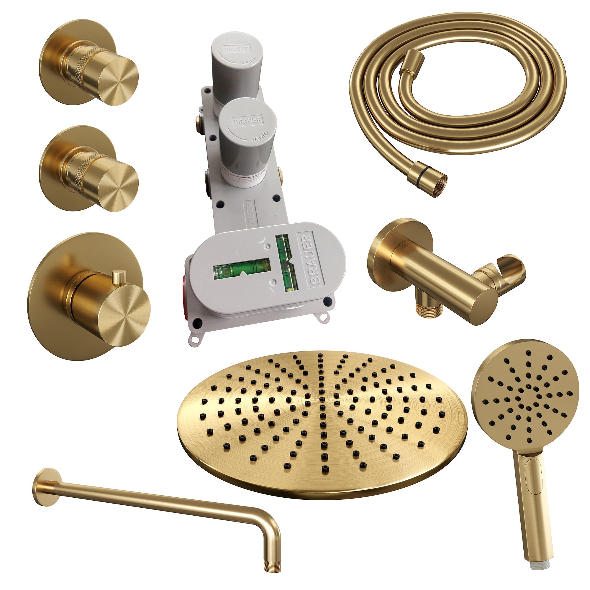 Brauer Edition thermostatische inbouw doucheset - hoofddouche 30cm - wandarm gebogen - staafhanddouche - Geborsteld Goud PVD
