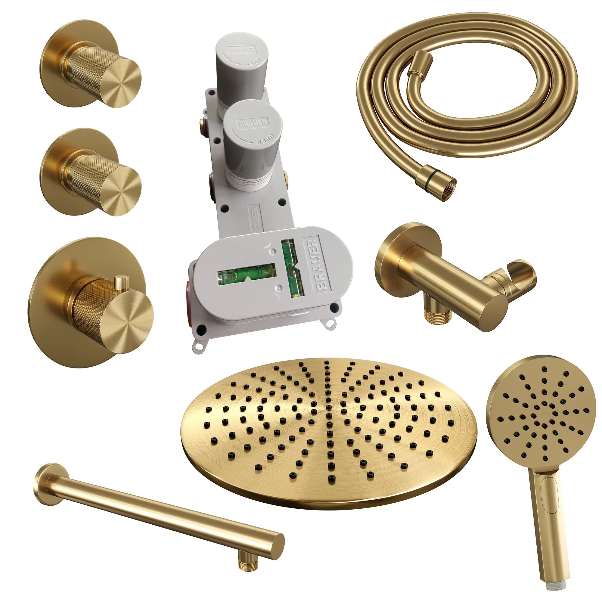 Brauer Carving thermostatische inbouw doucheset - hoofddouche 30cm - rechte wandarm - 3 standen handdouche rond - Geborsteld Goud PVD