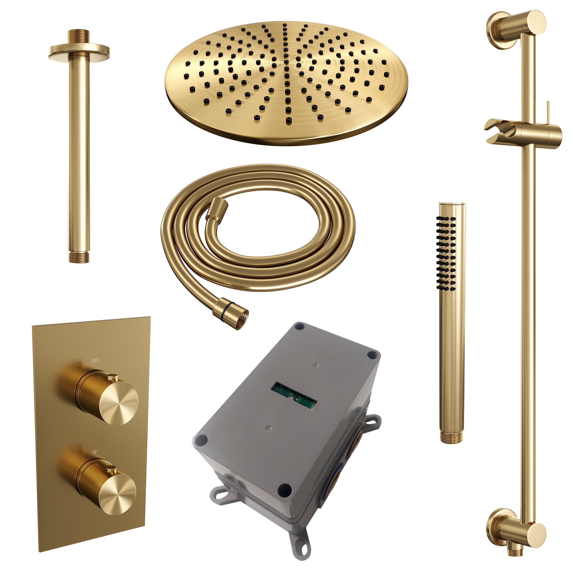 Brauer Edition inbouwset met 3-weg thermostaat - hoofddouche 20cm - plafondbuis 20cm - staafhanddouche - glijstang met aansluitbocht - Geborsteld Goud PVD
