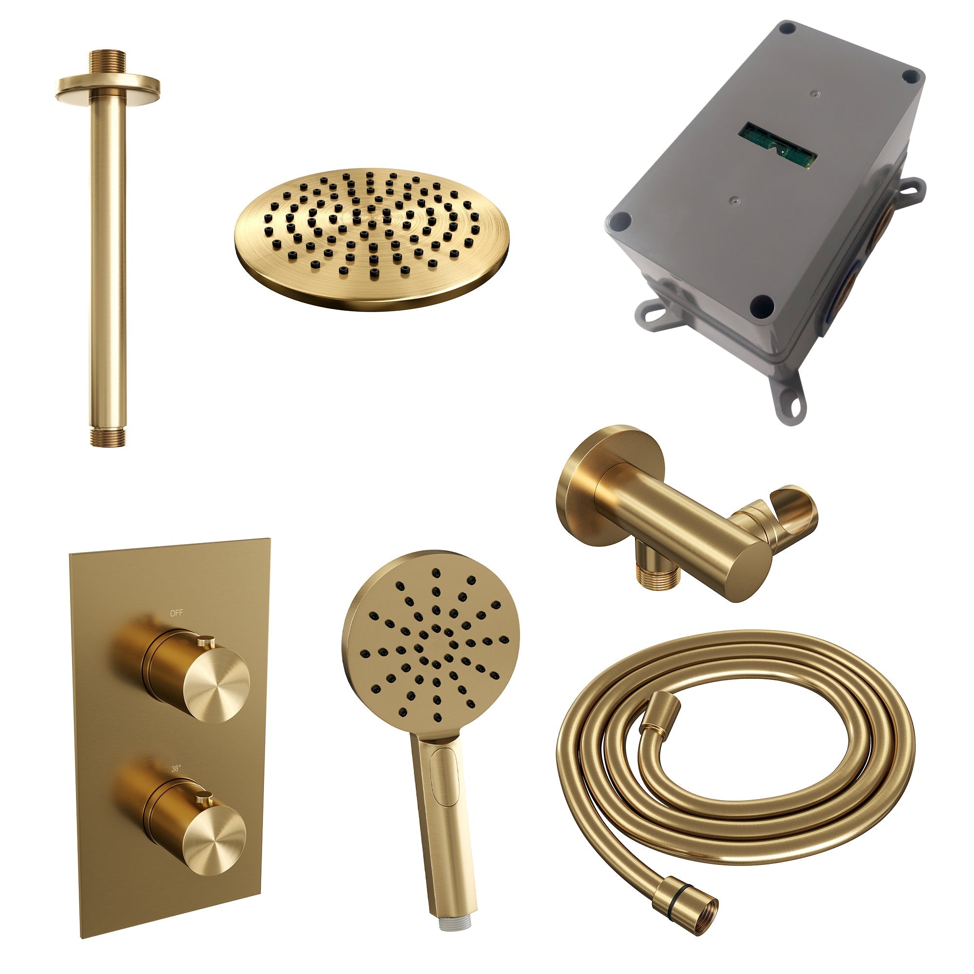 Brauer Edition inbouwset met 3-weg thermostaat - hoofddouche 30cm - plafondbuis 20cm - ronde 3-standen handdouche - wandaansluiting - Geborsteld Goud PVD