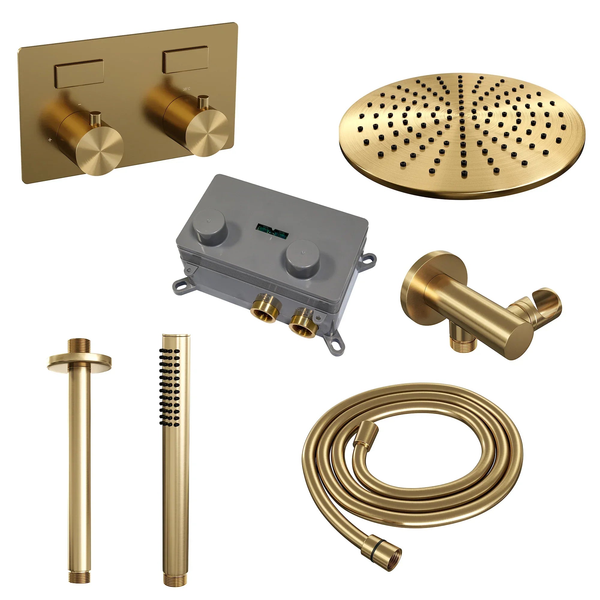 Brauer Edition inbouw doucheset - staafhanddouche - 30cm hoofdouche - plafondbuis - wandsteun - Geborsteld Goud PVD
