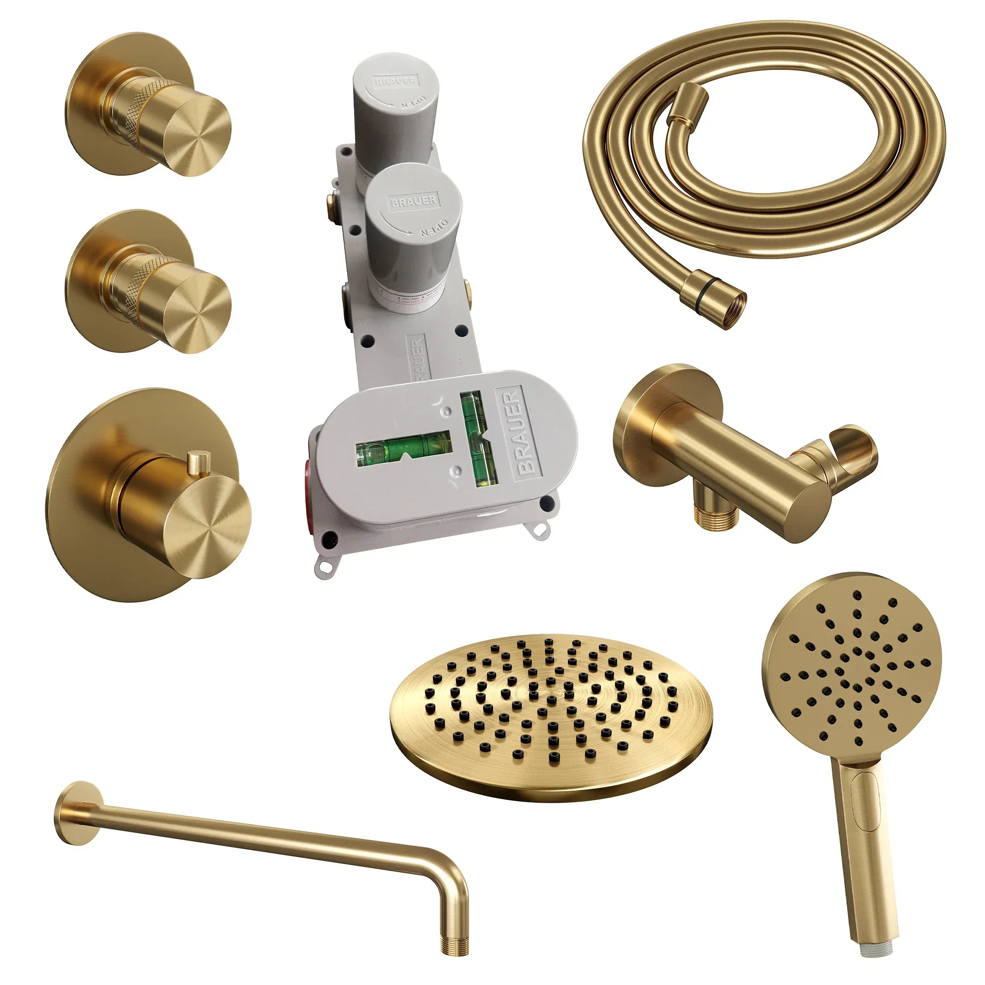 Brauer Edition thermostatische inbouw doucheset - hoofddouche 20cm - wandarm gebogen - ronde handdouche - Geborsteld Goud PVD