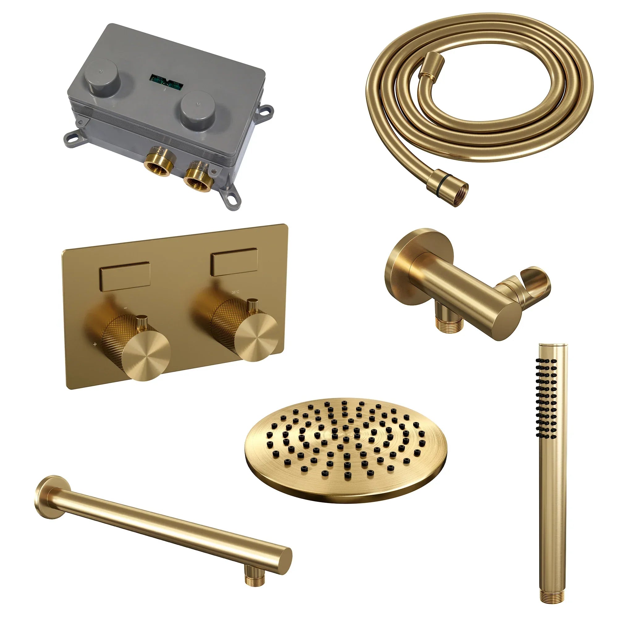 Brauer Carving inbouw doucheset - staafhanddouche - 20cm hoofdouche - rechte wandarm - wandsteun - Geborsteld Goud PVD