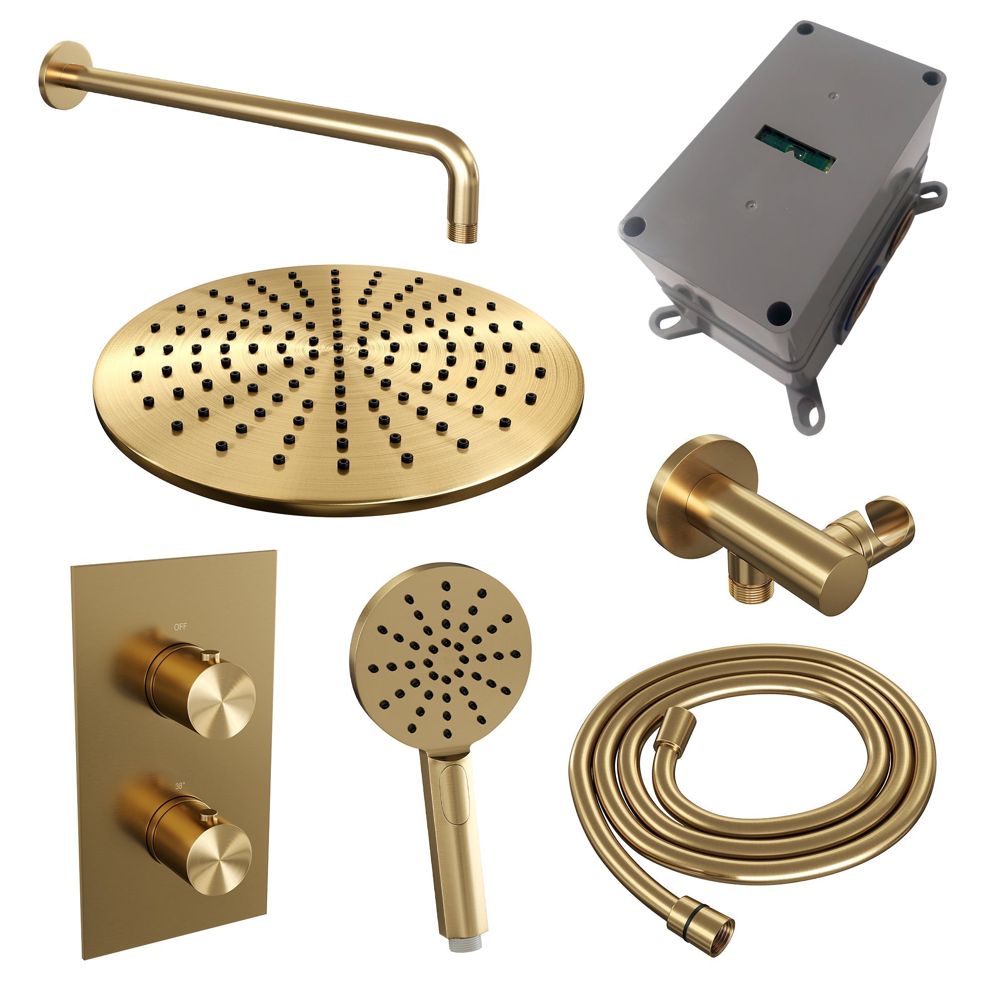 Brauer Edition inbouwset met 3-weg thermostaat - hoofddouche 30cm - gebogen wandarm 40cm - ronde 3-standen handdouche - wandaansluiting - Geborsteld Goud PVD