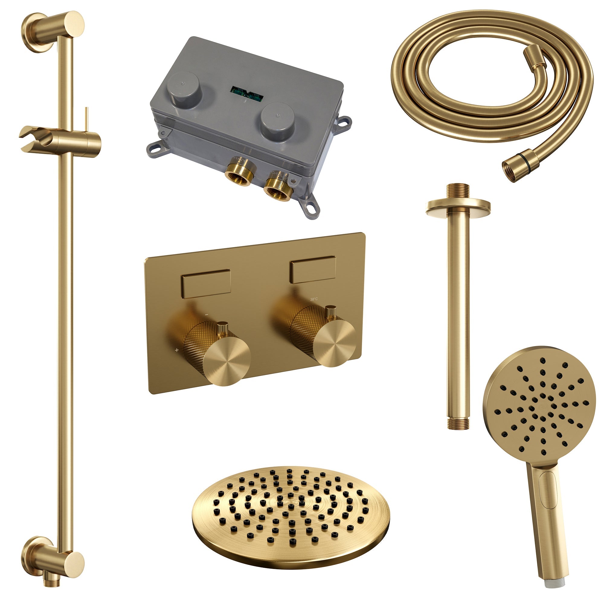 Brauer Carving inbouw doucheset - ronde handdouche - 20cm hoofdouche - plafondbuis - glijstang - Geborsteld Goud PVD