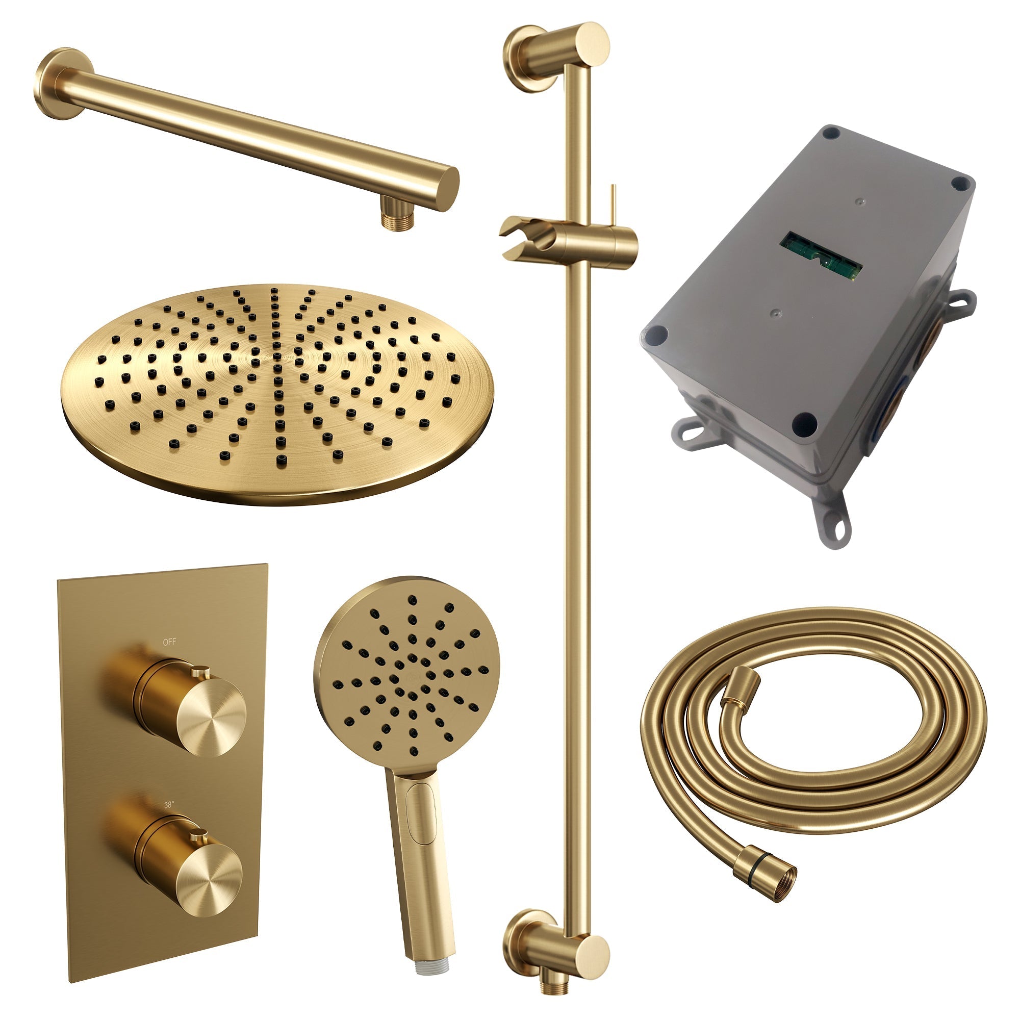 Brauer Edition inbouwset met 3-weg thermostaat - hoofddouche 30cm - rechte wandarm 40cm - ronde 3-standen handdouche - wandaansluiting - Geborsteld Goud PVD