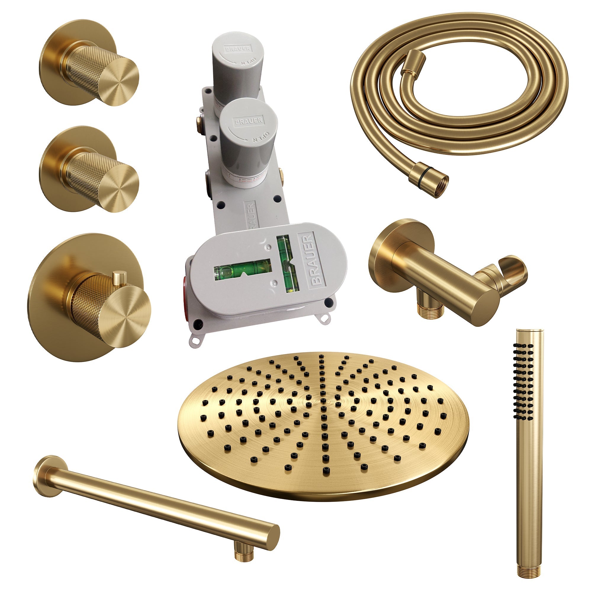 Brauer Carving thermostatische inbouw doucheset - hoofddouche 30cm - rechte wandarm - staafhanddouche - Geborsteld Goud PVD