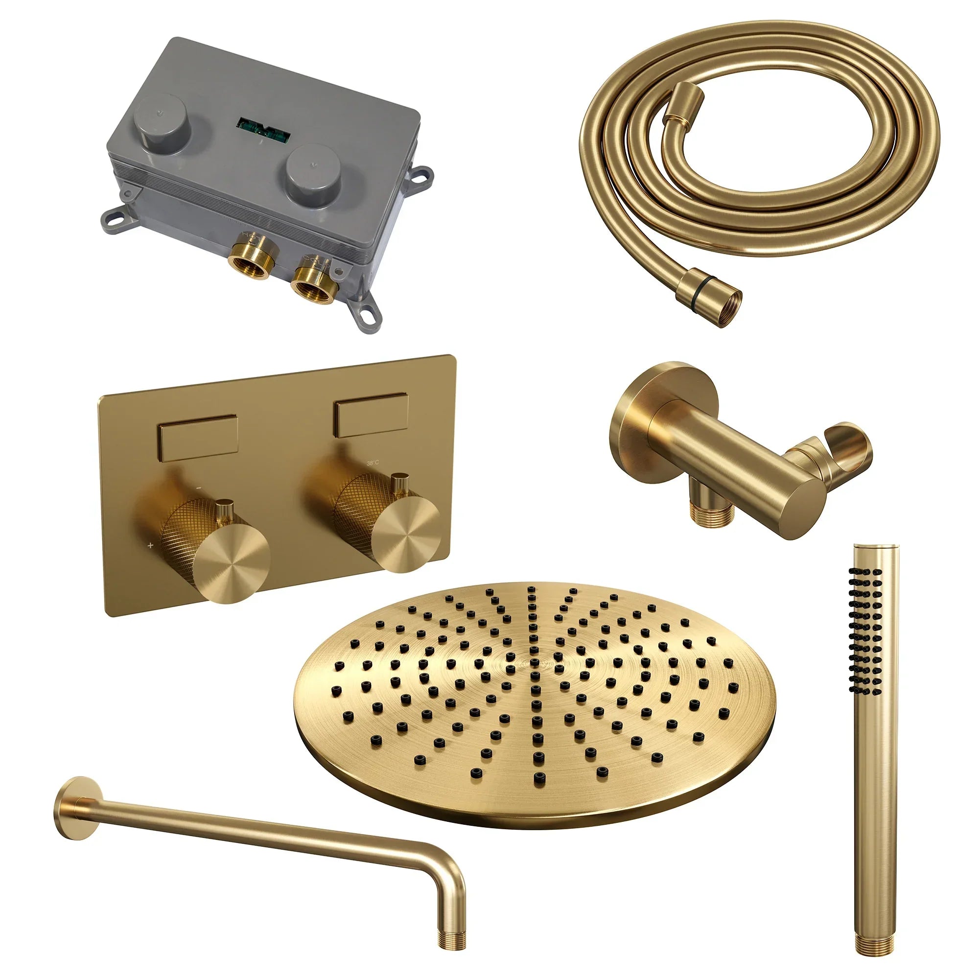 Brauer Carving inbouw doucheset - staafhanddouche - 30cm hoofdouche - gebogen wandarm - wandsteun - Geborsteld Goud PVD