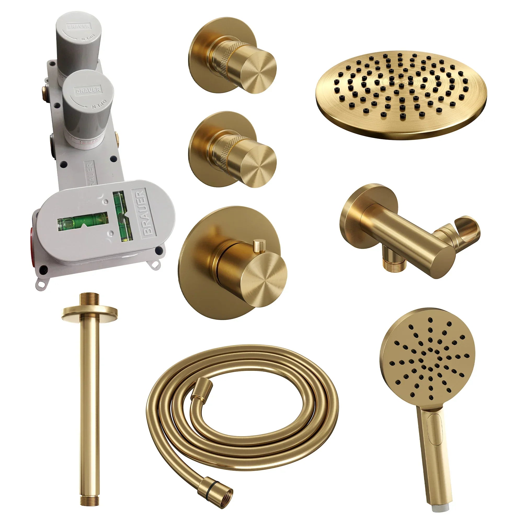 Brauer Edition thermostatische inbouw doucheset - Geborsteld Goud PVD - hoofddouche 20cm - plafondsteun - ronde handdouche - Glijstang