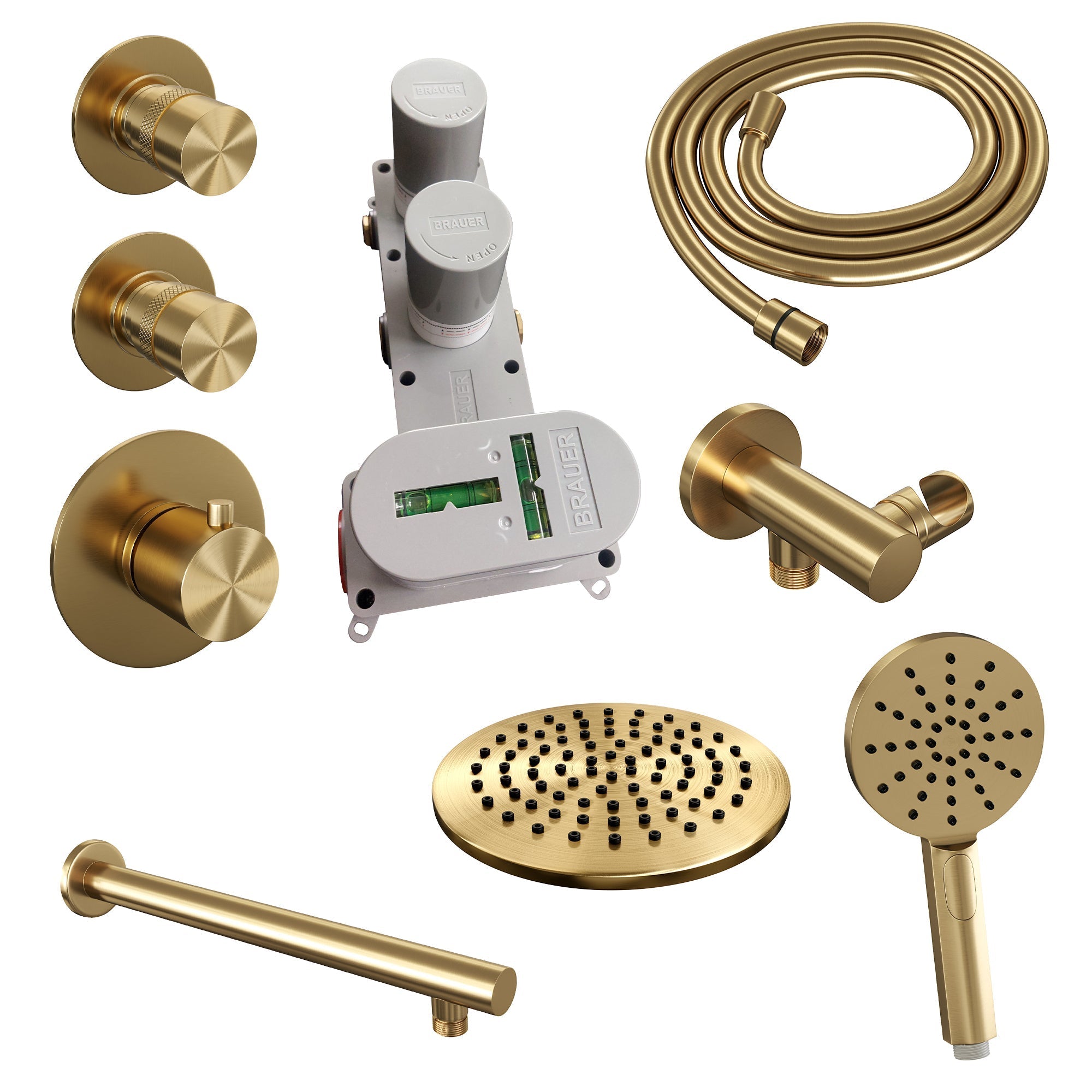 Brauer Edition thermostatische inbouw doucheset - Geborsteld Goud PVD - hoofddouche 20cm - wandarm - ronde handdouche