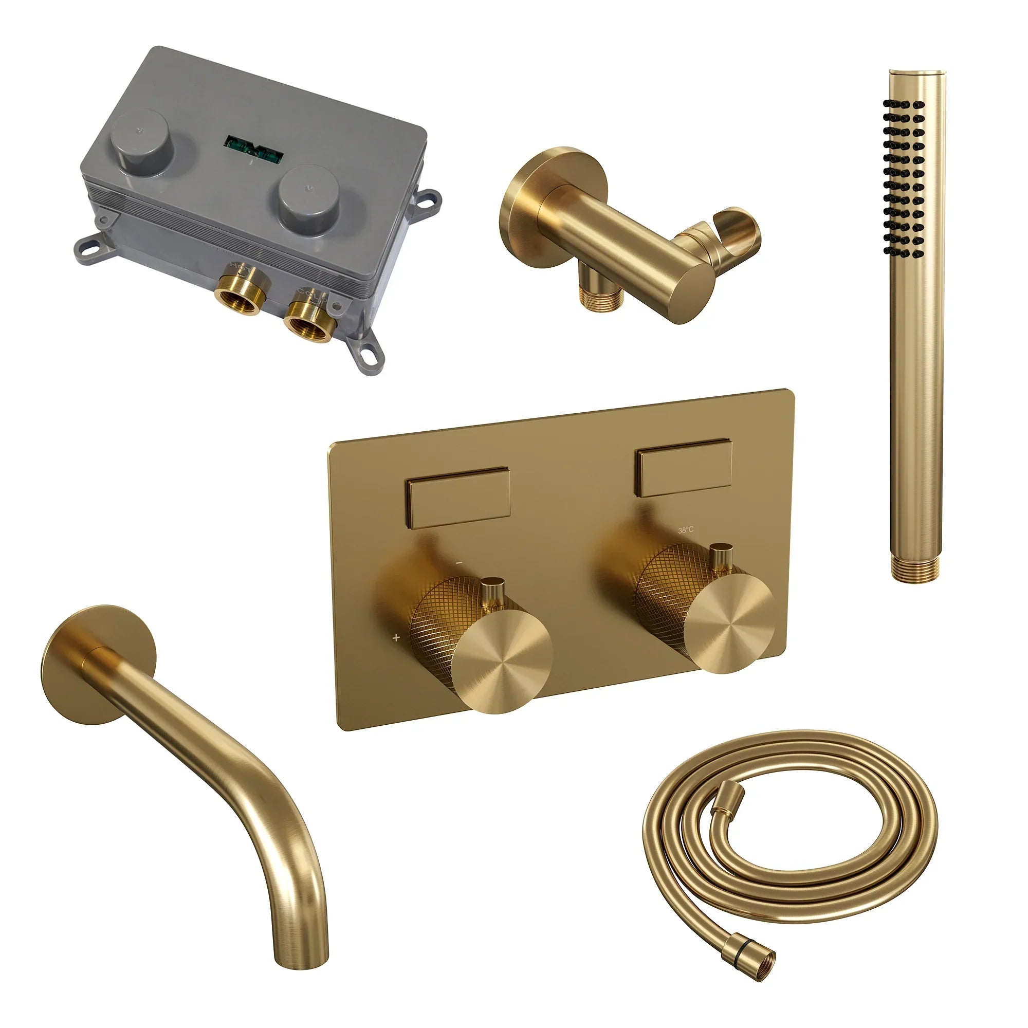 Brauer Carving inbouw badthermostaat - drukknoppen - baduitloop - staafhanddouche - Geborsteld Goud PVD