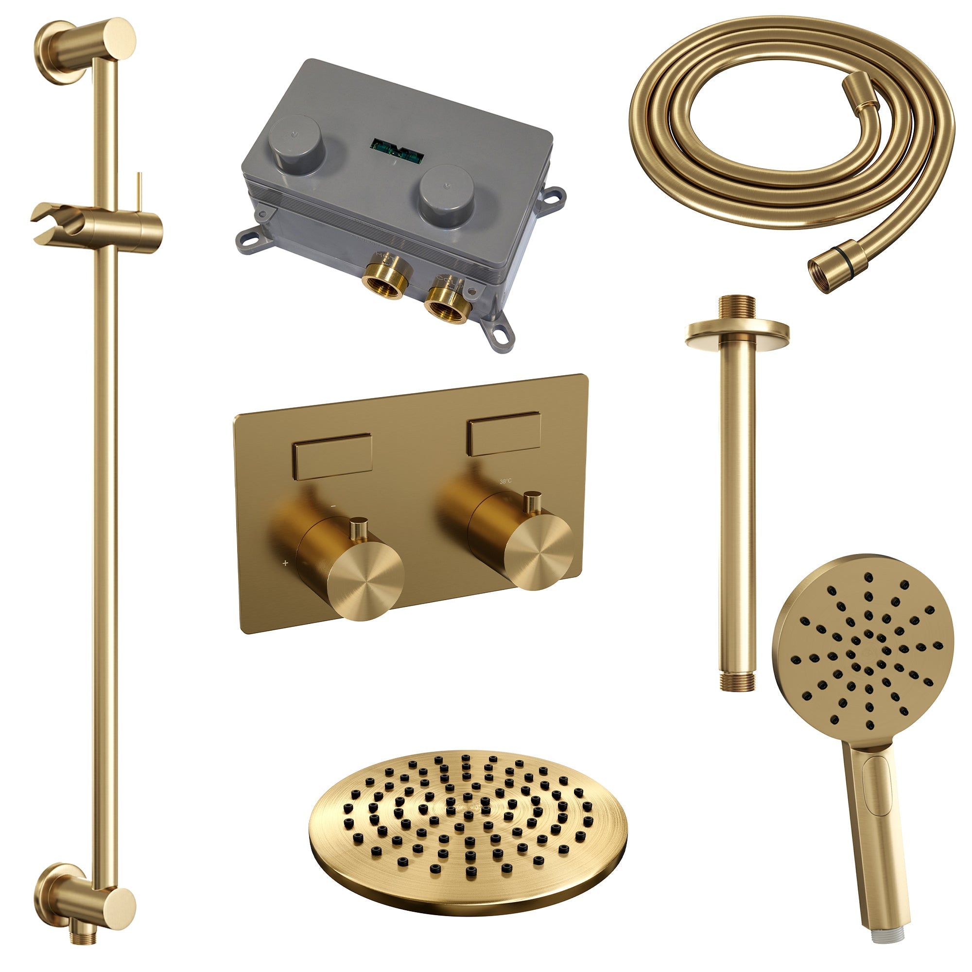 Brauer Edition inbouw doucheset - ronde handdouche - 20cm hoofdouche - plafondbuis - glijstang - Geborsteld Goud PVD