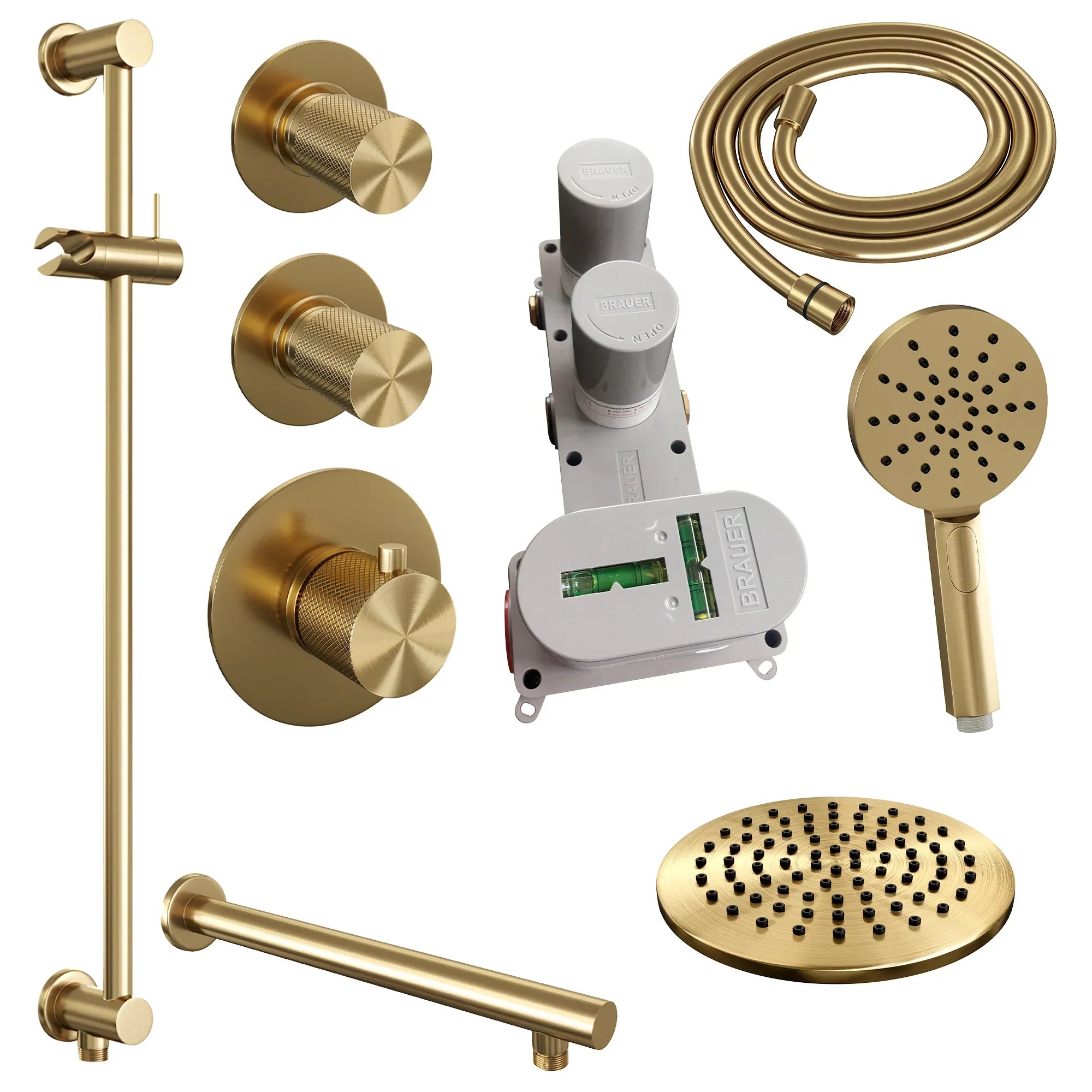 Brauer Carving thermostatische inbouw doucheset - hoofddouche 20cm - rechte wandarm - 3 standen handdouche rond - Glijstang - Geborsteld Goud PVD